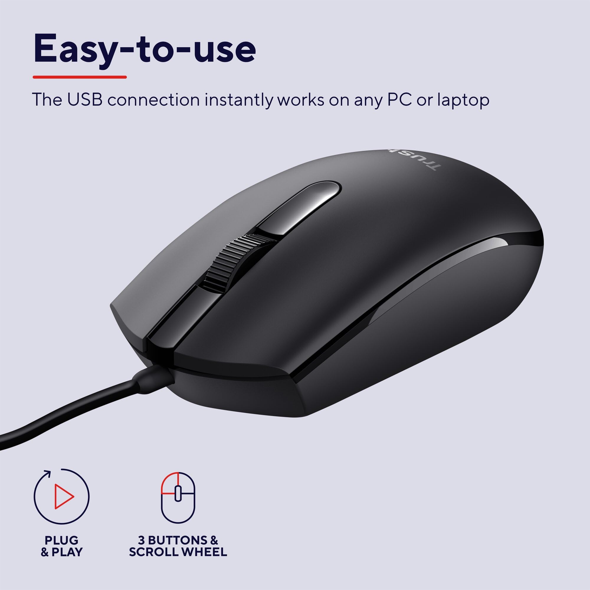 Trust Basi Mouse con Filo USB, 1200 DPI, Plug & Play, Sensore Ottico, 3 Pulsanti, Cavo USB 1,6 m, per Mano Sinistra e Destra, Mouse Cablato per Portatile, Macbook, Lenovo, Dell - Nero - Miniatura 3