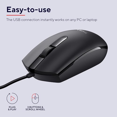 Trust Basi Mouse con Filo USB, 1200 DPI, Plug & Play, Sensore Ottico, 3 Pulsanti, Cavo USB 1,6 m, per Mano Sinistra e Destra, Mouse Cablato per Portatile, Macbook, Lenovo, Dell - Nero - Miniatura 4
