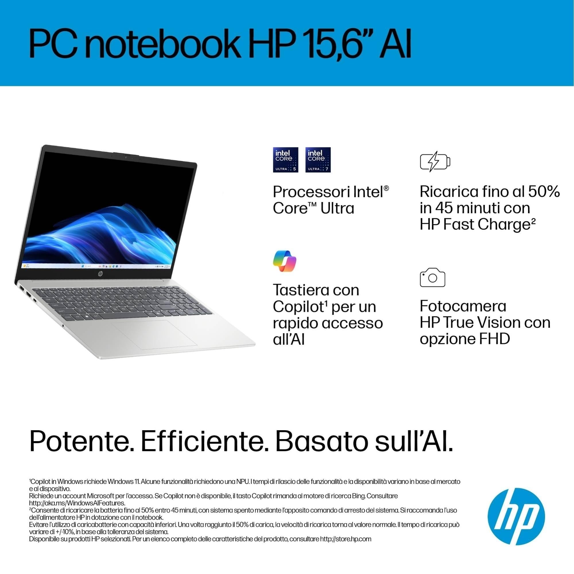 HP Laptop 15-fd2004sl, PC Portatile 15", Display FHD, Notebook, (Intel Core Ultra 7 255U, RAM 24GB, SSD 1TB, Windows 11), Computer Portatile, Uso quotidiano, Tastiera Italiana, QWERTY, Argento - Miniatura 6