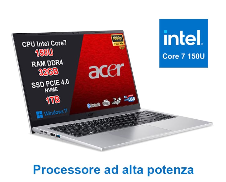 acer Aspire Go 15 PC Portatile Notebook, CPU Intel Core 7 150U di nuova generazione fino a 5,4 GHz, RAM 32GB, SSD 1TB, Wi-Fi 6, Display 15,6" Full HD Antiriflesso, USB Type-C, Windows 11, Silver - Miniatura 3