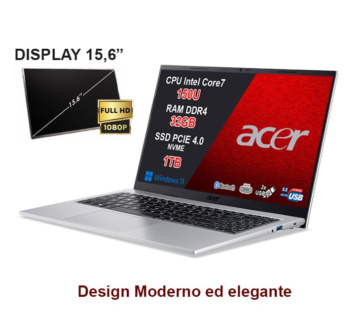 acer Aspire Go 15 PC Portatile Notebook, CPU Intel Core 7 150U di nuova generazione fino a 5,4 GHz, RAM 32GB, SSD 1TB, Wi-Fi 6, Display 15,6" Full HD Antiriflesso, USB Type-C, Windows 11, Silver - Miniatura 4