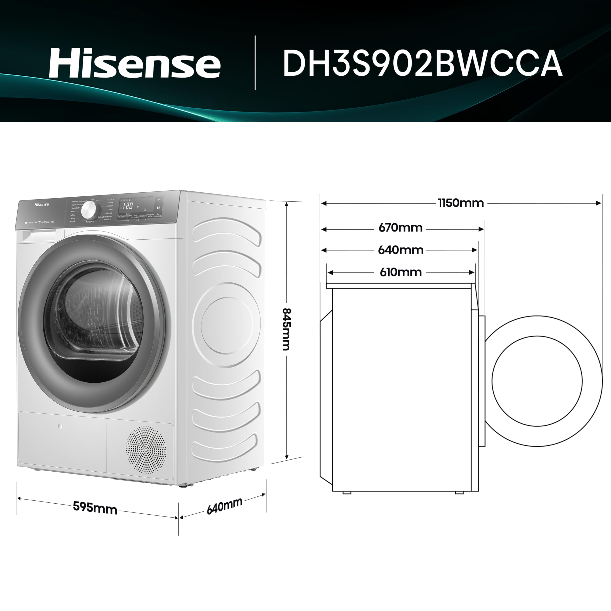 Hisense DH3S902BWCCA Asciugatrice a Pompa Di Calore, 9 Kg, A+++/C, Big Display, 16 programmi, Refresh, WiFi, Porta Reversibile, Bianco/Silver - Miniatura 3