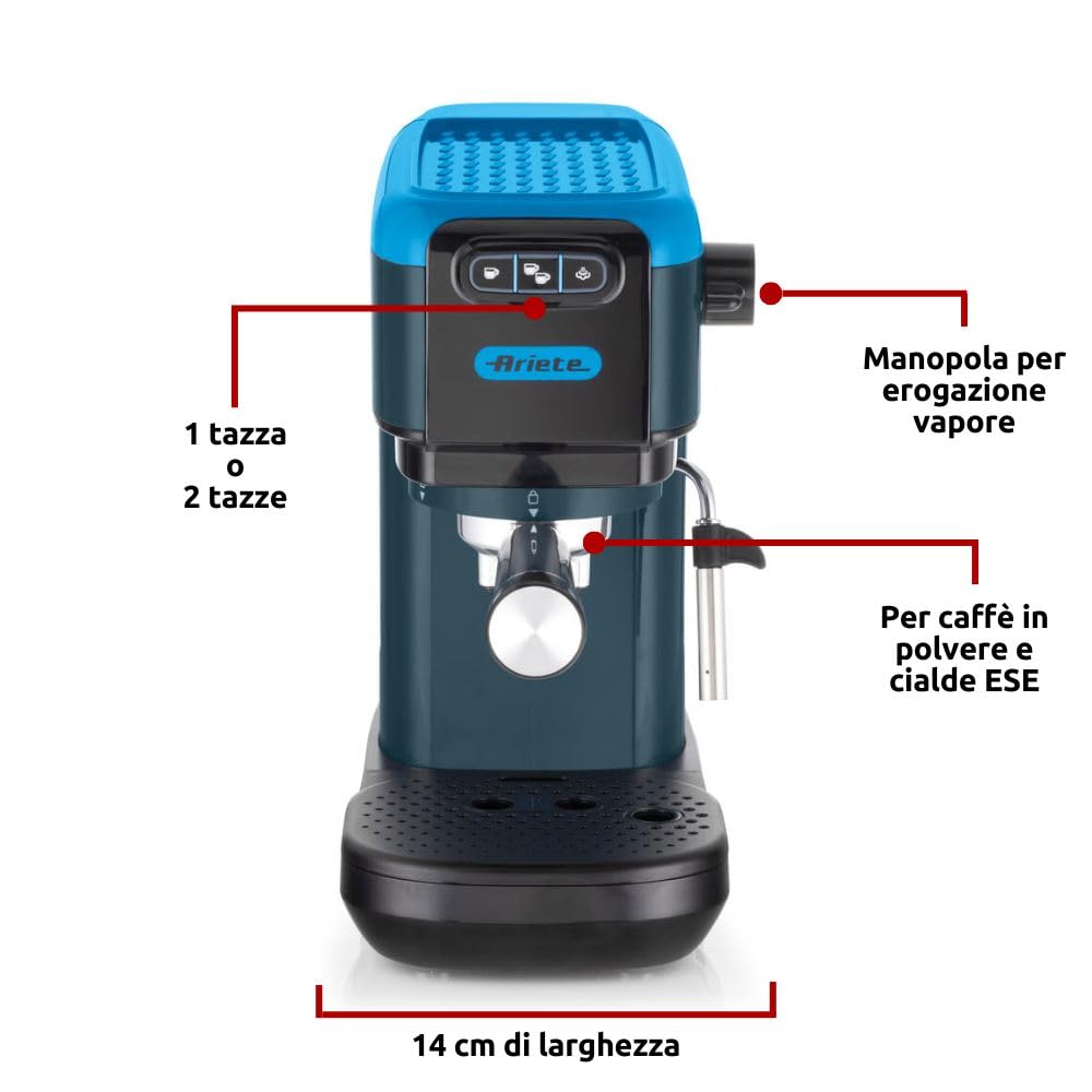 Ariete 1399 Macchina da caffè espresso Sky Blue, Per polvere e cialde ESE, 1300 W, Capacità 1,1L, 15 bar di pressione, Filtro 1, 2 tazze e cialda ESE, Cappuccino, Blu - Miniatura 3