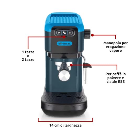 Ariete 1399 Macchina da caffè espresso Sky Blue, Per polvere e cialde ESE, 1300 W, Capacità 1,1L, 15 bar di pressione, Filtro 1, 2 tazze e cialda ESE, Cappuccino, Blu - Miniatura 4
