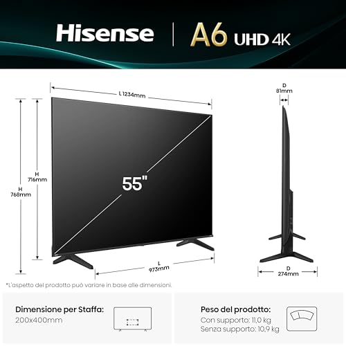 Hisense Smart TV 55" 4K Ultra HD 2025 55A6Q, Smart TV VIDAA U8, Dolby Vision, HDR 10, Game Mode Plus, Alexa Built-in, VIDAA Voice, Tuner DVB-T2/S2 HEVC 10, lativù 4K, 55'', 2025 LED - Miniatura 3
