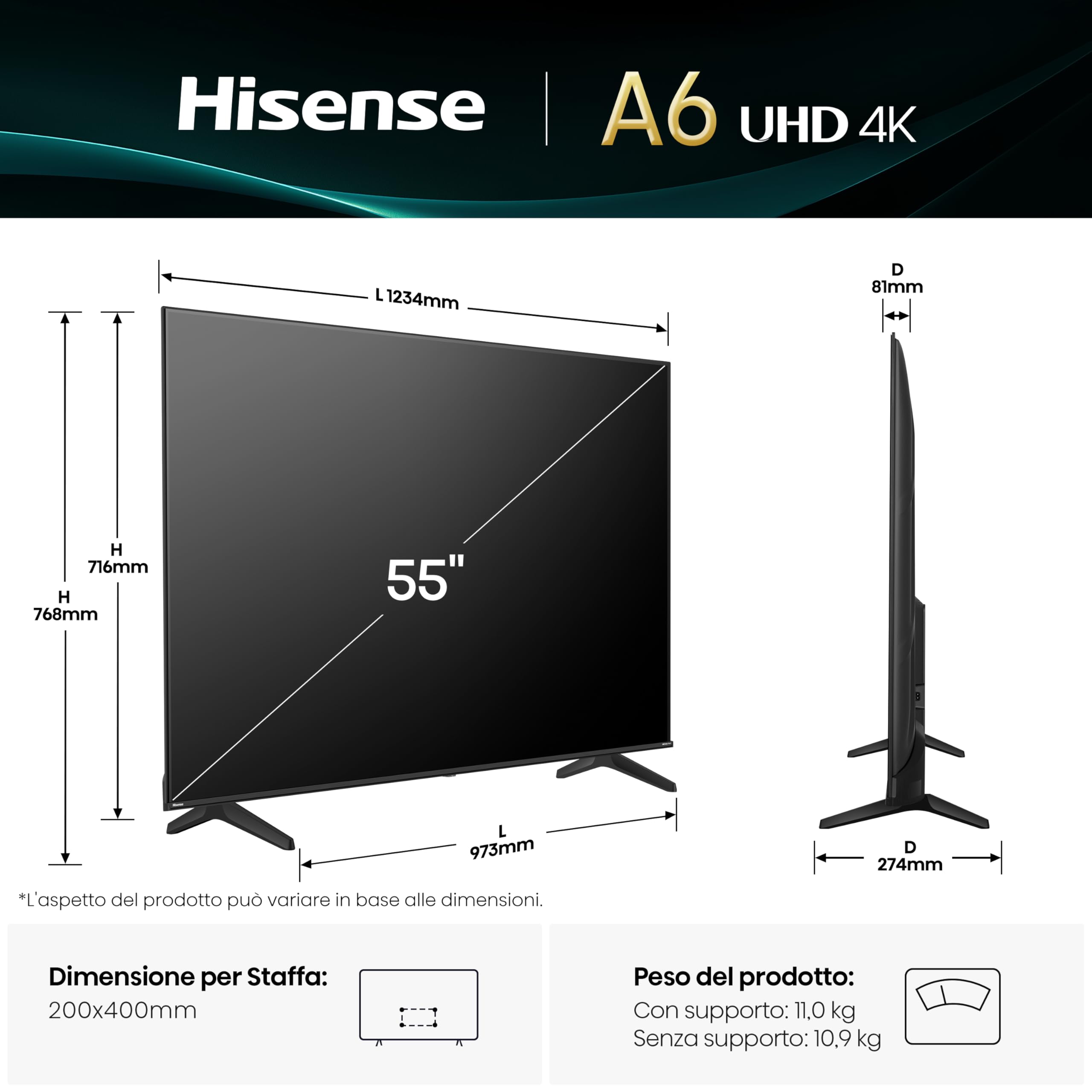 Hisense Smart TV 55" 4K Ultra HD 2025 55A6Q, Smart TV VIDAA U8, Dolby Vision, HDR 10, Game Mode Plus, Alexa Built-in, VIDAA Voice, Tuner DVB-T2/S2 HEVC 10, lativù 4K, 55'', 2025 LED - Miniatura 4