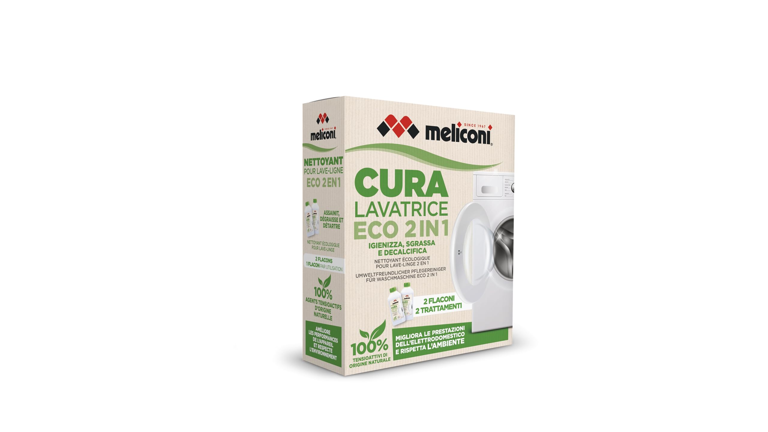 Meliconi Cura Lavatrice Liquido Eco 2-in-1, Igienizzante e Anticalcare Lavatrice, Formula Naturale, Confezione Riciclabile, 2 Flaconi da 250ml Ideali per 2 Trattamenti Completi
