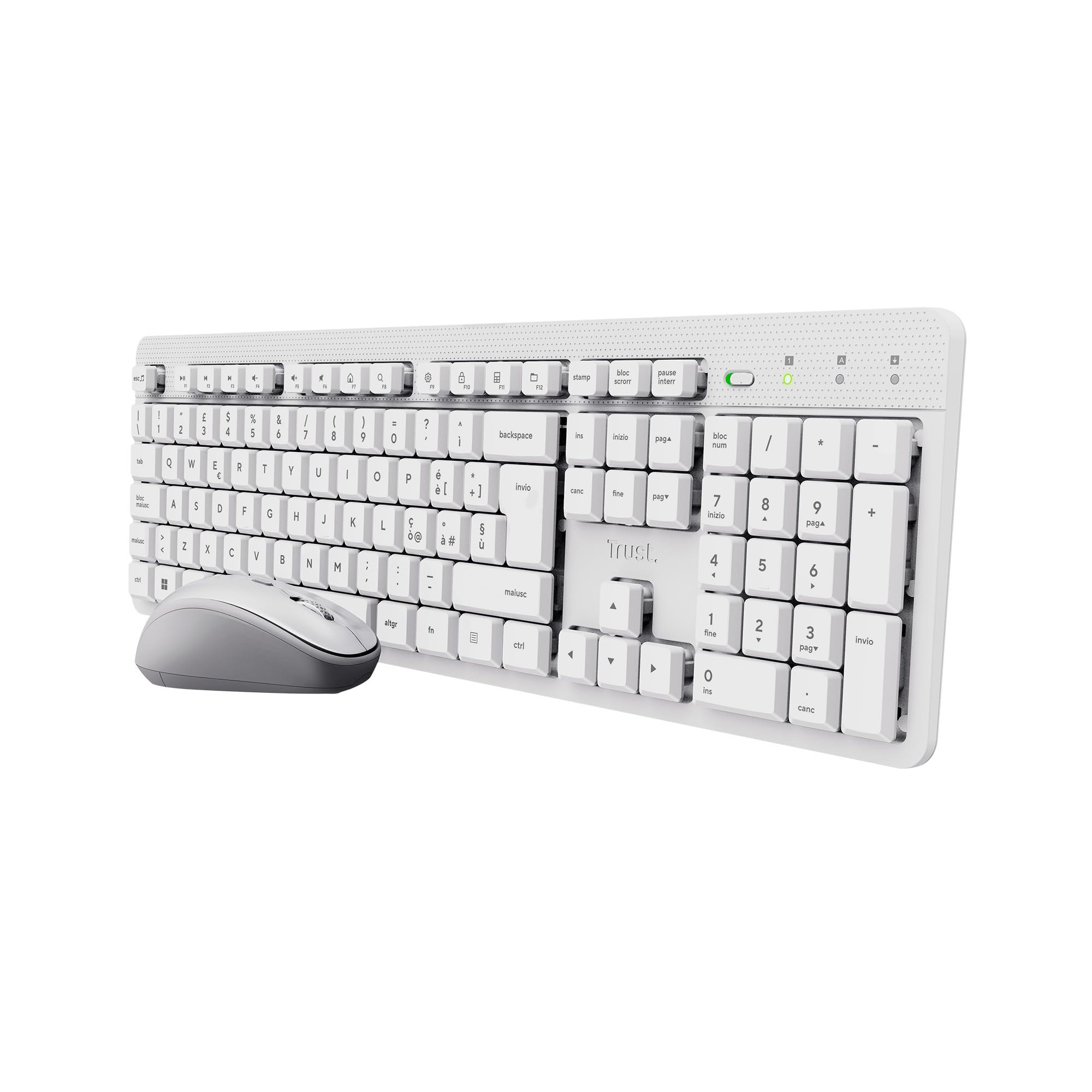 Trust Ody II Set Tastiera e Mouse Wireless Silenziosi Italiano QWERTY, Tasti a Profilo Ribassato, Unico Ricevitore USB, Resistente agli Sversamenti, Kit Senza Fili per PC Laptop Mac Windows, Bianco