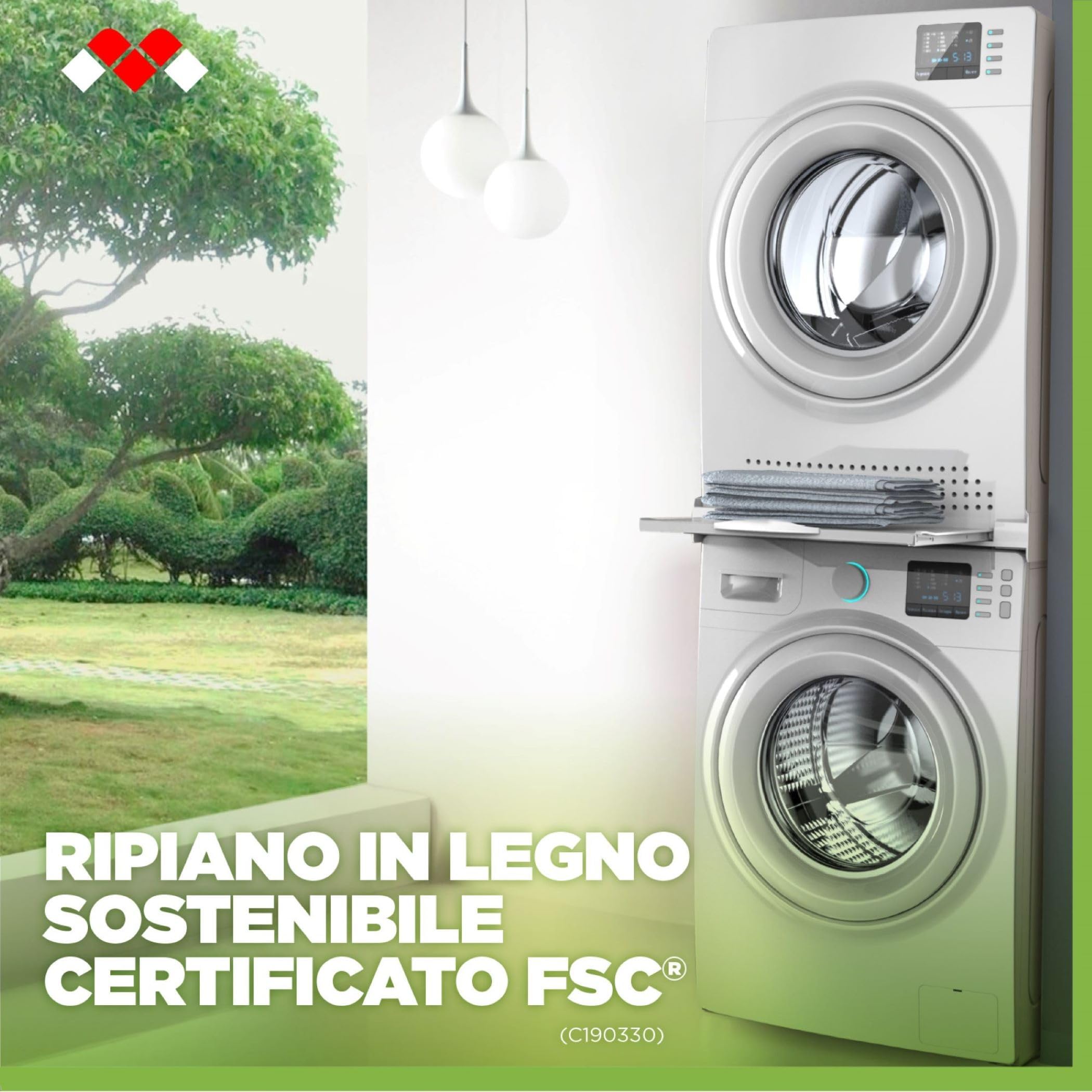 Meliconi Base Torre Evo L60, Kit di Sovrapposizione Lavatrice Asciugatrice Universale, Supporto Premontato con Ripiano Estraibile in Legno, Cinghia di Sicurezza Inclusa, Portata 250 Kg, Bianco - Miniatura 3