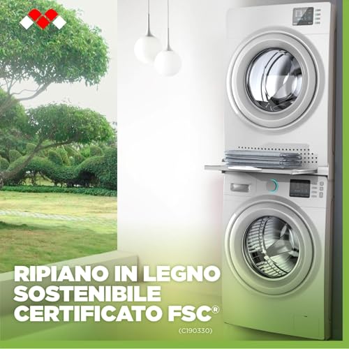 Meliconi Base Torre Evo L60, Kit di Sovrapposizione Lavatrice Asciugatrice Universale, Supporto Premontato con Ripiano Estraibile in Legno, Cinghia di Sicurezza Inclusa, Portata 250 Kg, Bianco - Miniatura 4
