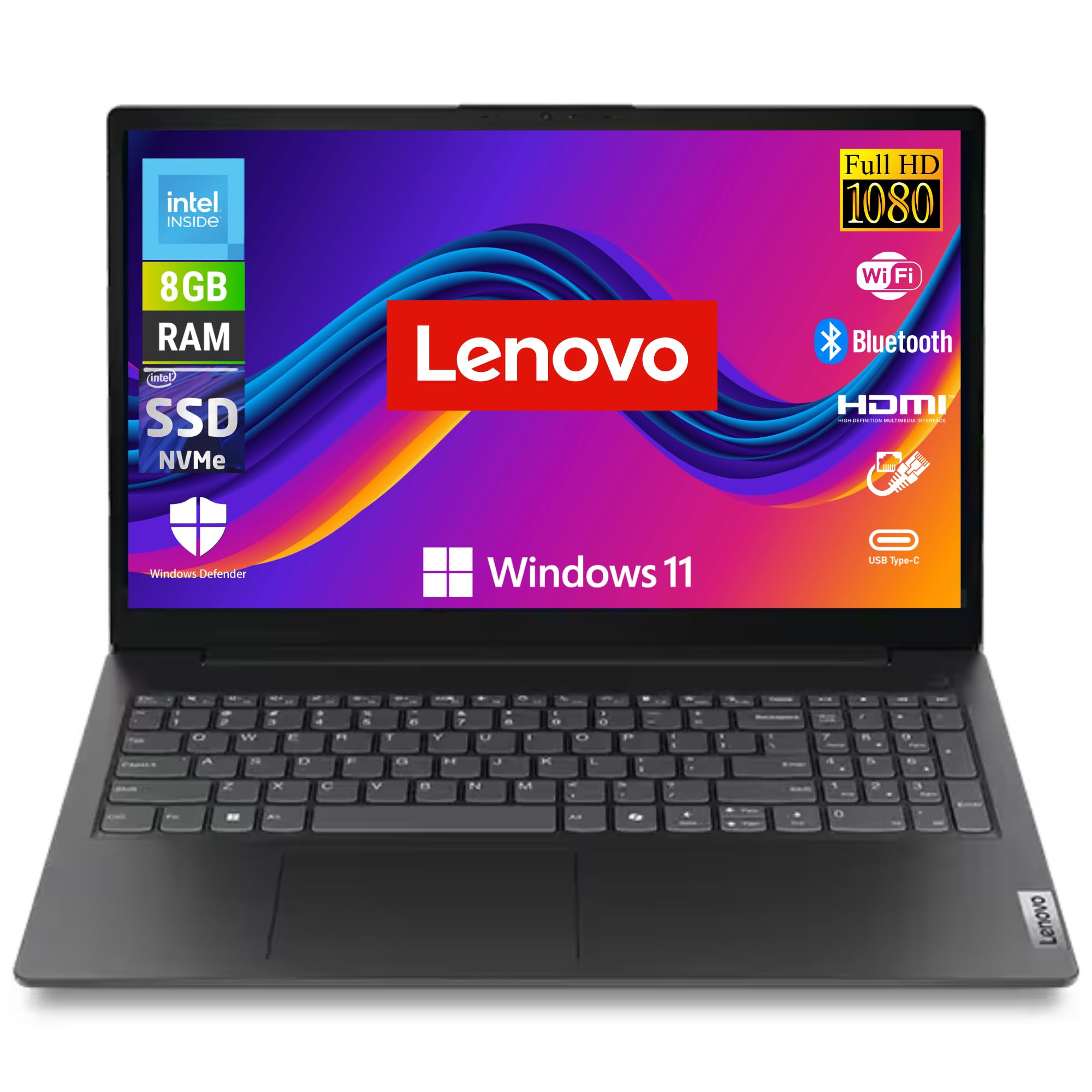 Lenovo - Notebook Pc Intel N100 4 Core fino a 3.4Ghz - Display 15,6" FHD - Ram 8Gb DDR5 SSD Nvme 256Gb - Hdmi, Usb 3.0, Wifi, Bluetooth, Webcam - Windows 11 Pronto all'uso con Libre Office
