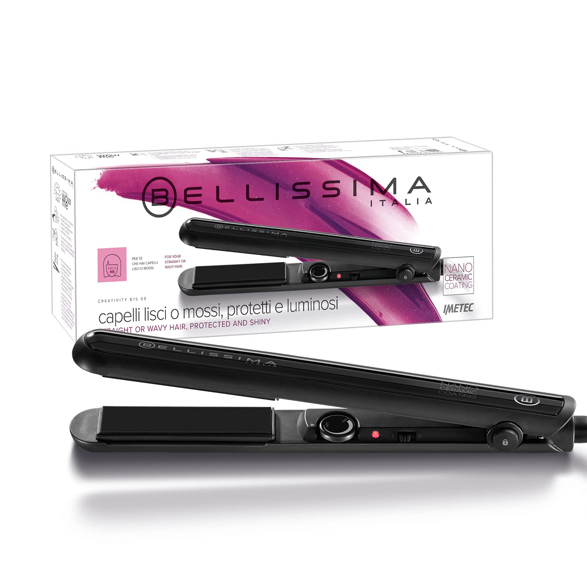 Bellissima Imetec Creativity B15 50 Piastra per Capelli, Styling Liscio o Mosso, Rivestimento in Nanoceramica, Regolazione della Temperatura da 140°C a 230°C, Piastre Oscillanti