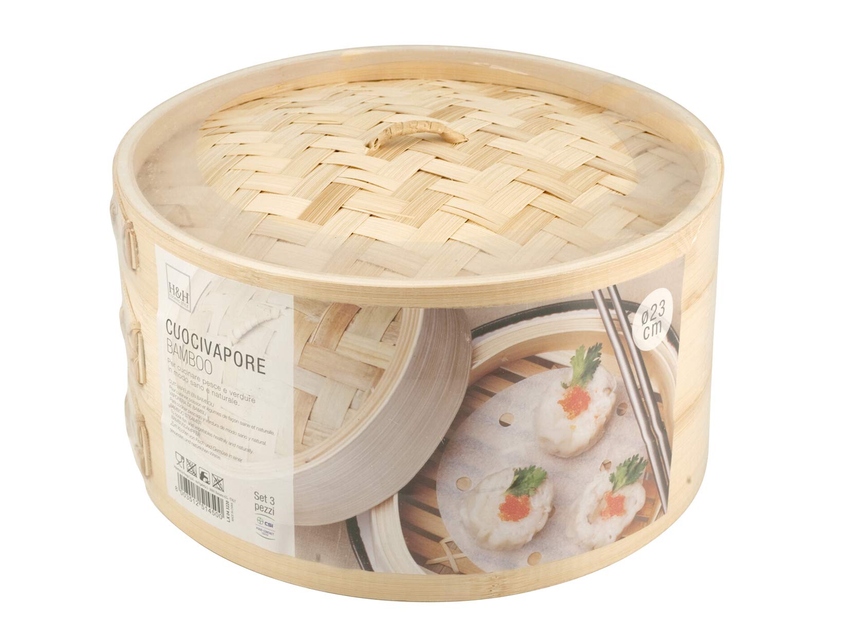H&H cuocivapore, cestello per Cottura a Vapore, 2 Livelli, con Coperchio, bambù, 23 cm - Miniatura 3