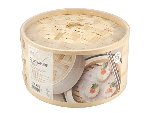 H&H cuocivapore, cestello per Cottura a Vapore, 2 Livelli, con Coperchio, bambù, 23 cm - Miniatura 4