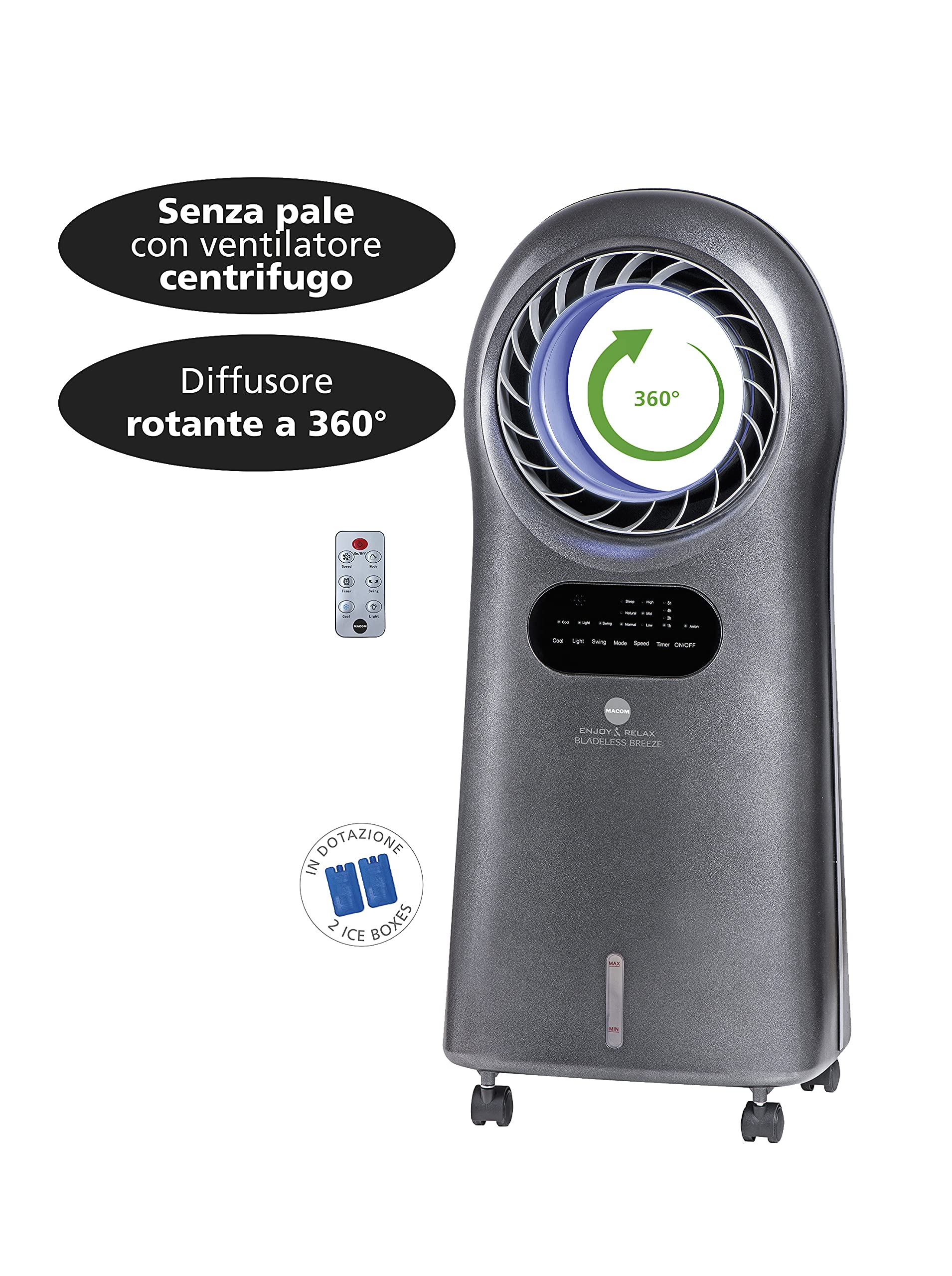 MACOM Enjoy & Relax 989 Bladeless Breeze Raffrescatore Evaporativo Senza Pale, Grigio, Portata 10 m3/Minut - Miniatura 3