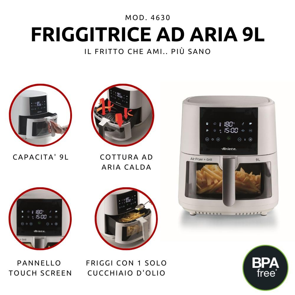 Ariete 4630 Friggitrice ad aria 9L, 1500 W, Capacità 9L, Capacità di cottura 3,5kg, 8 programmi preimpostati, Temperatura fino a 200°, Cestello trasparente per controllo cottura, Bianco - Miniatura 3