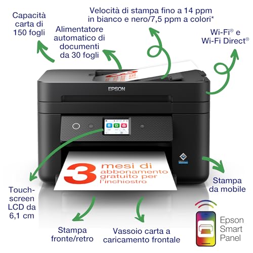 Epson Workforce WF-2960DWF Stampante Multifunzione A4 a getto d'inchiostro (Stampa Fronte Retro, Scansione, Copia, Fax) Display Touch Screen 6.1”, ADF, WiFi, Ethernet, Stampa da mobile, AirPrint, - Miniatura 3