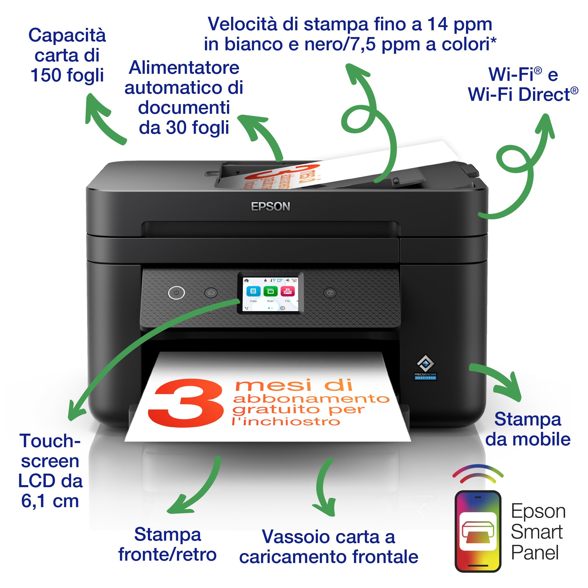Epson Workforce WF-2960DWF Stampante Multifunzione A4 a getto d'inchiostro (Stampa Fronte Retro, Scansione, Copia, Fax) Display Touch Screen 6.1”, ADF, WiFi, Ethernet, Stampa da mobile, AirPrint, - Miniatura 4