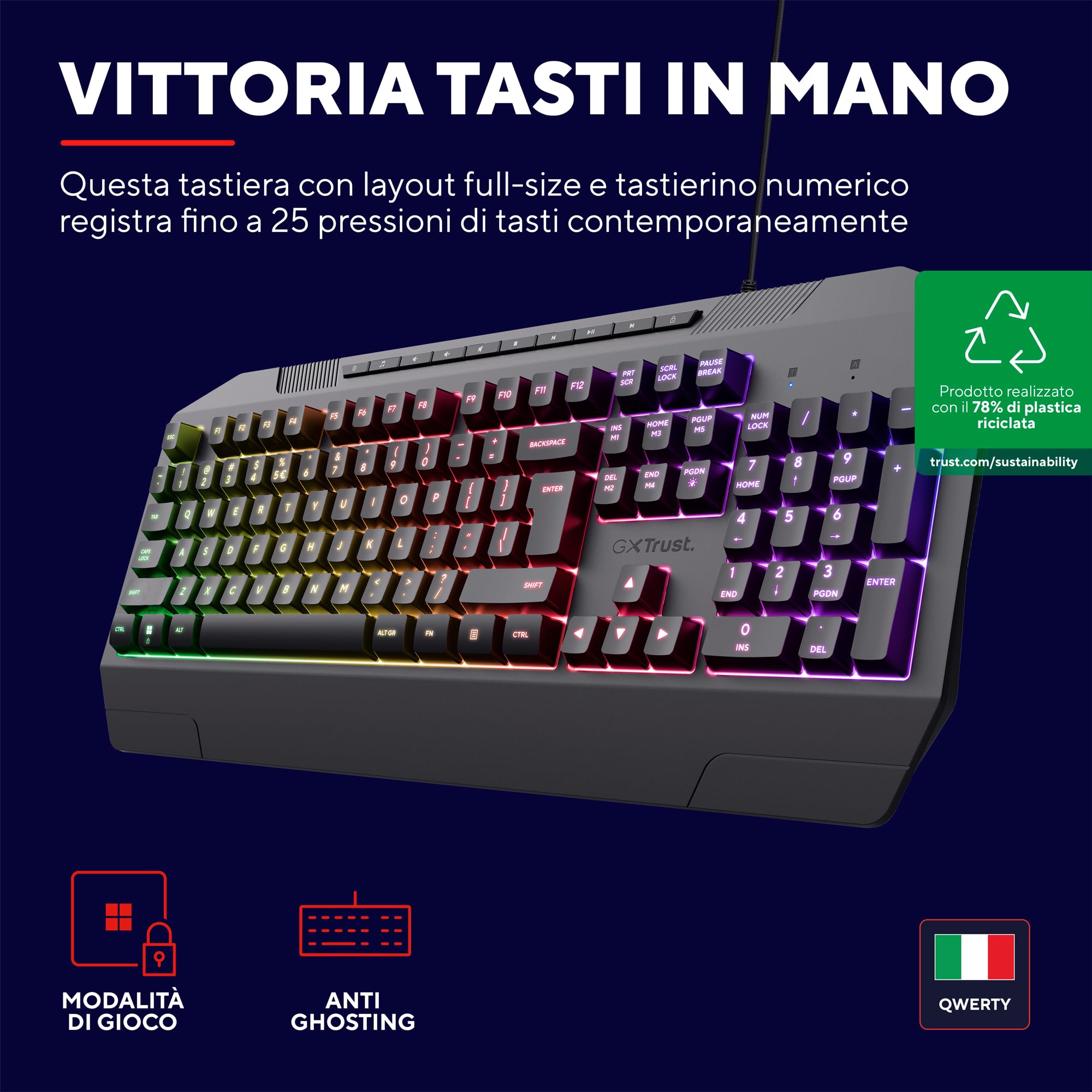 Trust Gaming GXT 836 Evocx Tastiera Gaming Layout Italiano QWERTY, 78% Plastica Riciclata, Tasti con Membrana, Retroilluminata RGB, Anti-Ghosting, Keyboard USB per PC/Computer/Laptop - Nero - Miniatura 3
