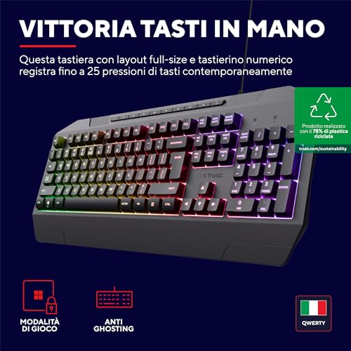 Trust Gaming GXT 836 Evocx Tastiera Gaming Layout Italiano QWERTY, 78% Plastica Riciclata, Tasti con Membrana, Retroilluminata RGB, Anti-Ghosting, Keyboard USB per PC/Computer/Laptop - Nero - Miniatura 4