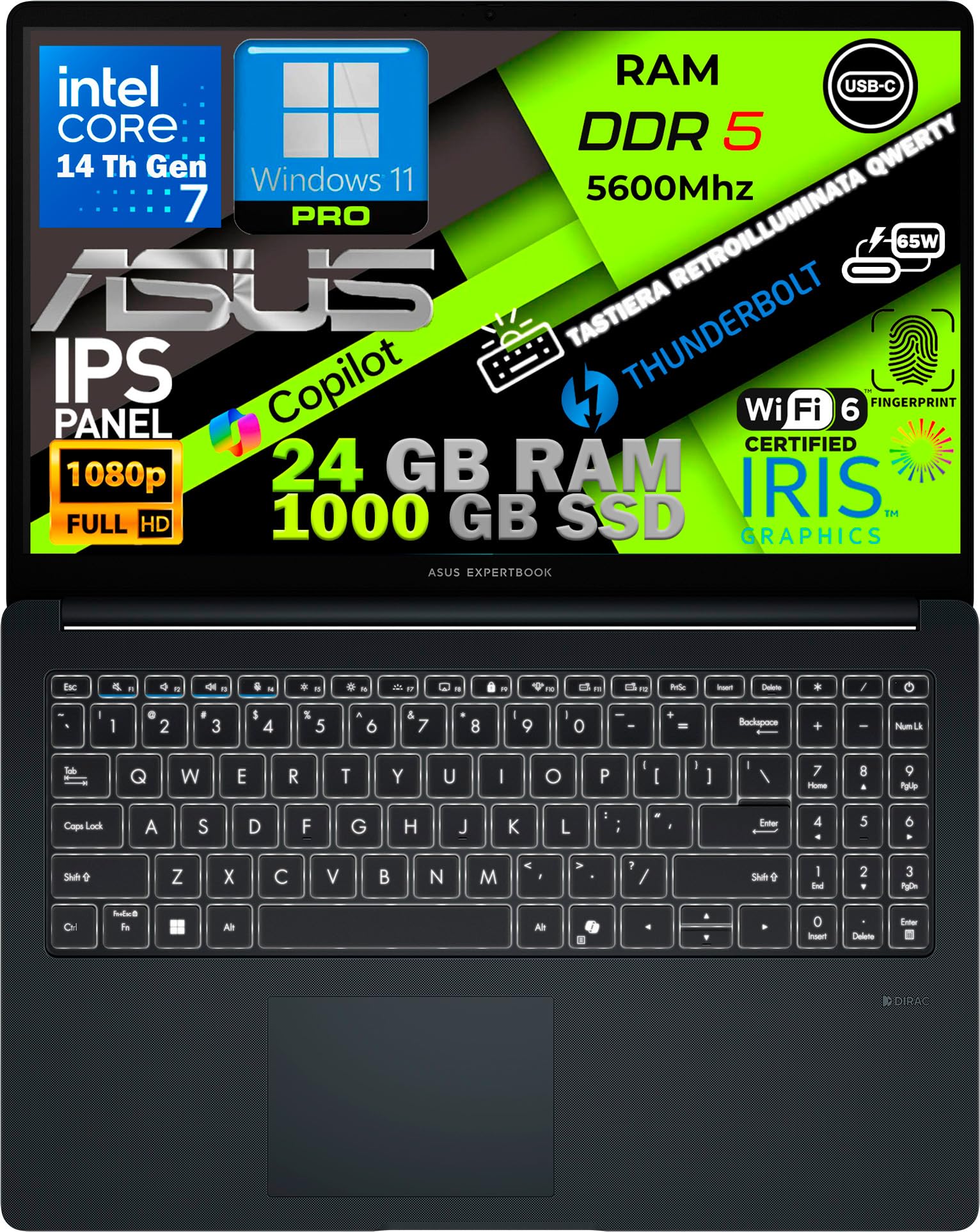 Notebook ASUS ExpertBook 15,6" Intel Core 7-150U14ª Gen 10-Core fino a 5GHz, 24GB RAM DDR5, 1TB SSD, Win11 Pro, WiFi6E, Thunderbolt, HDMI, Tastiera Retroilluminata, QWERTY, Fingerprint - Miniatura 4