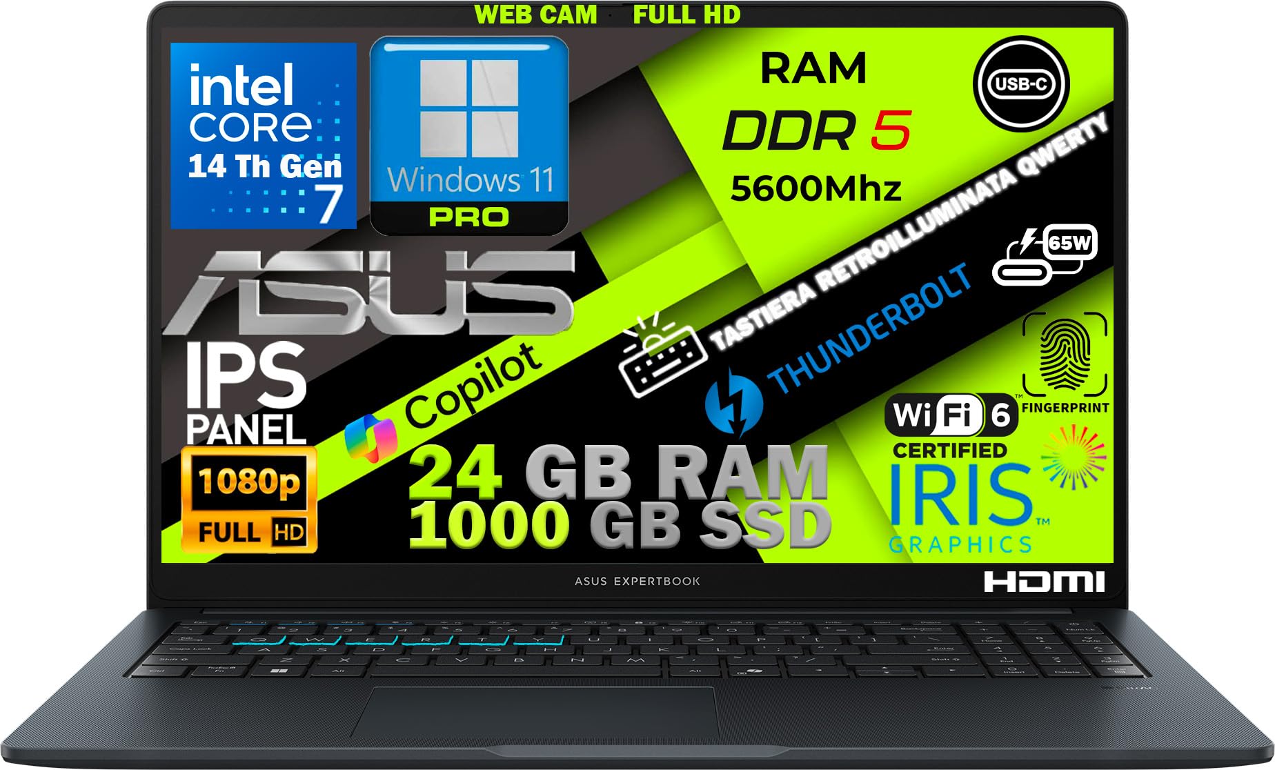 Notebook ASUS ExpertBook 15,6" Intel Core 7-150U14ª Gen 10-Core fino a 5GHz, 24GB RAM DDR5, 1TB SSD, Win11 Pro, WiFi6E, Thunderbolt, HDMI, Tastiera Retroilluminata, QWERTY, Fingerprint - Miniatura 6
