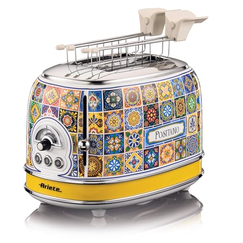 Ariete 155 Tostapane Positano, 810W, 2 fette, 6 livelli di doratura, Vassoio raccogli briciole, Funzione defrost, Espulsione automatica, Con pinze, Bianco e Giallo - Miniatura 2