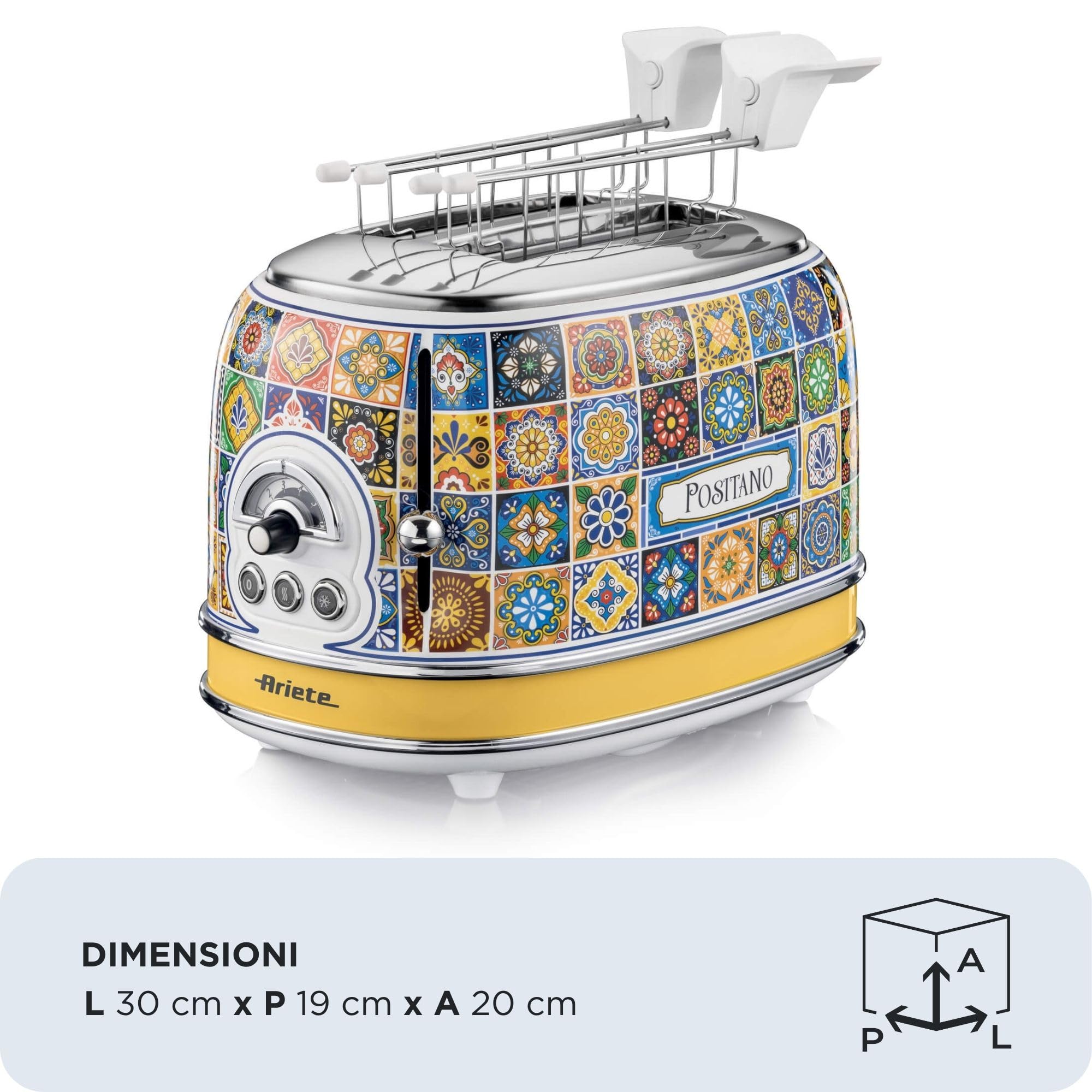 Ariete 155 Tostapane Positano, 810W, 2 fette, 6 livelli di doratura, Vassoio raccogli briciole, Funzione defrost, Espulsione automatica, Con pinze, Bianco e Giallo - Miniatura 3