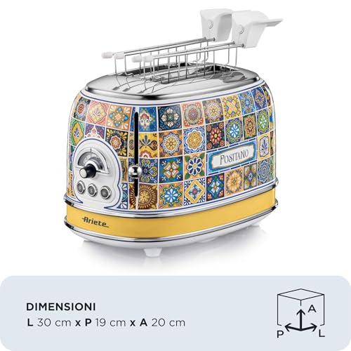 Ariete 155 Tostapane Positano, 810W, 2 fette, 6 livelli di doratura, Vassoio raccogli briciole, Funzione defrost, Espulsione automatica, Con pinze, Bianco e Giallo - Miniatura 4
