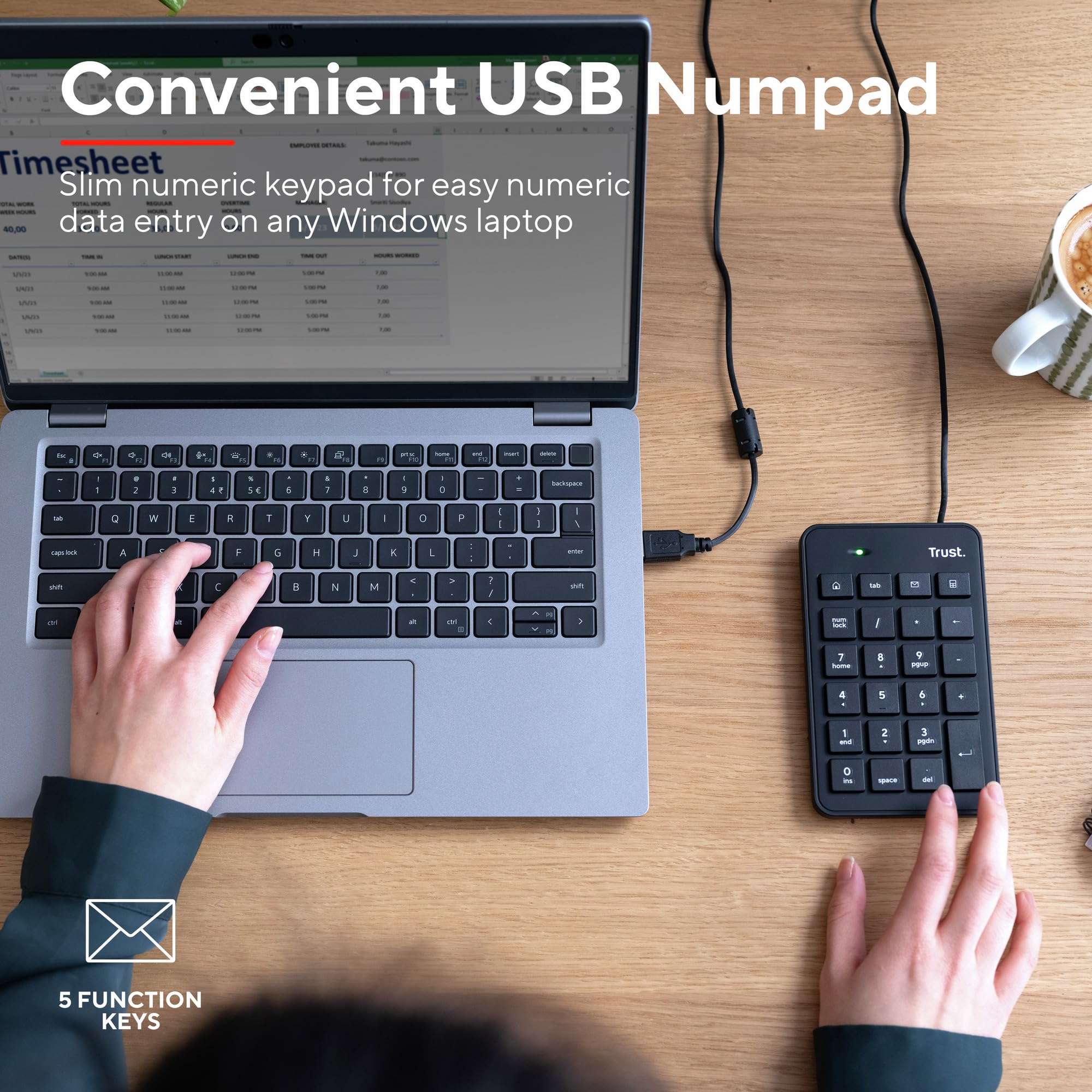 Trust Xalas Tastierino Numerico USB per Laptop e PC Desktop, Mini Tastiera Sottile con Filo, Cavo da 1,5 m, 5 Tasti in Più, Numpad Portatile Calcolo per Finanziaria Notebook Computer, Nero - Miniatura 3