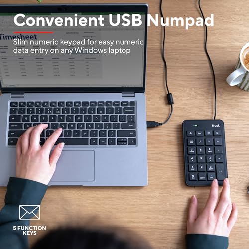 Trust Xalas Tastierino Numerico USB per Laptop e PC Desktop, Mini Tastiera Sottile con Filo, Cavo da 1,5 m, 5 Tasti in Più, Numpad Portatile Calcolo per Finanziaria Notebook Computer, Nero - Miniatura 4