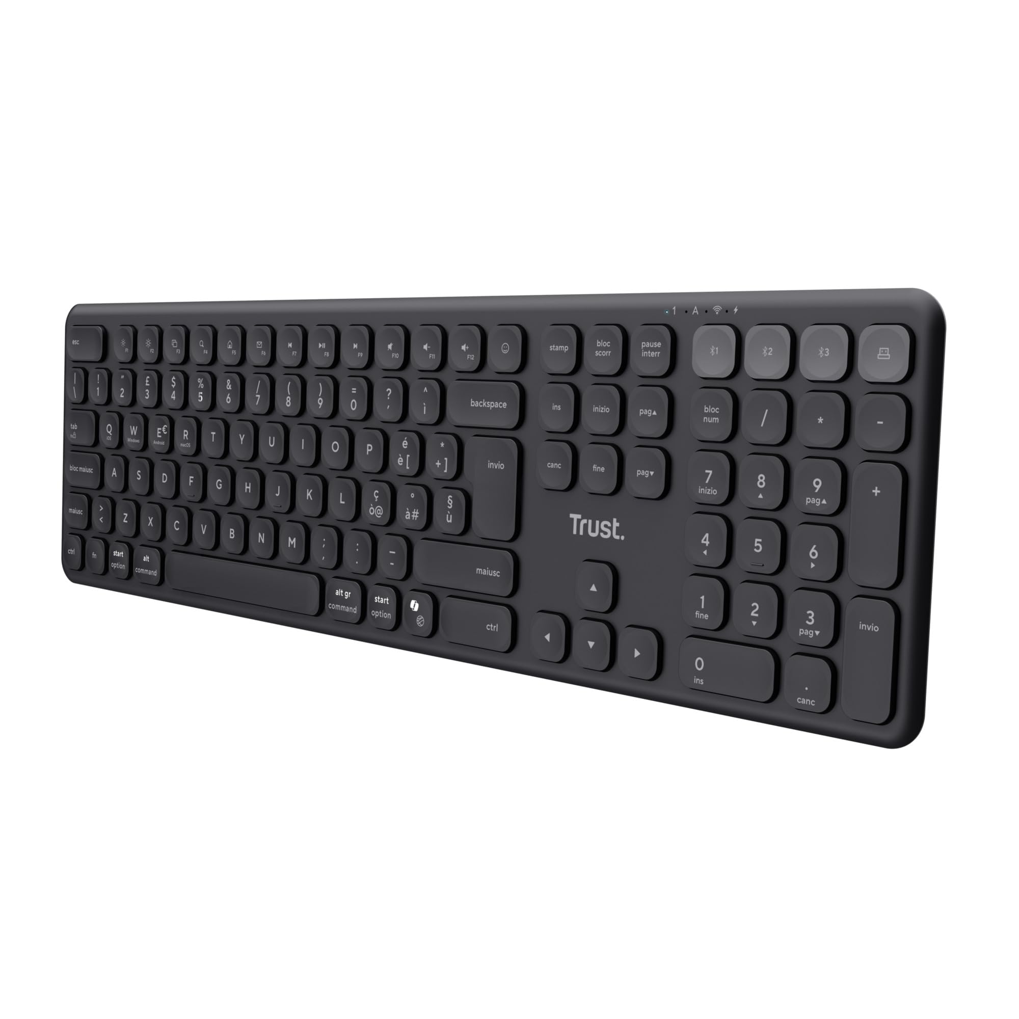 Trust Vaiya Tastiera Wireless Bluetooth + 2.4 GHz Layout Italiano QWERTY, Tastiera Senza Filo con Tastierino Numerico, Batteria Ricaricabile, 55% Plastica Riciclata, Windows iOS macOS Android, Nero
