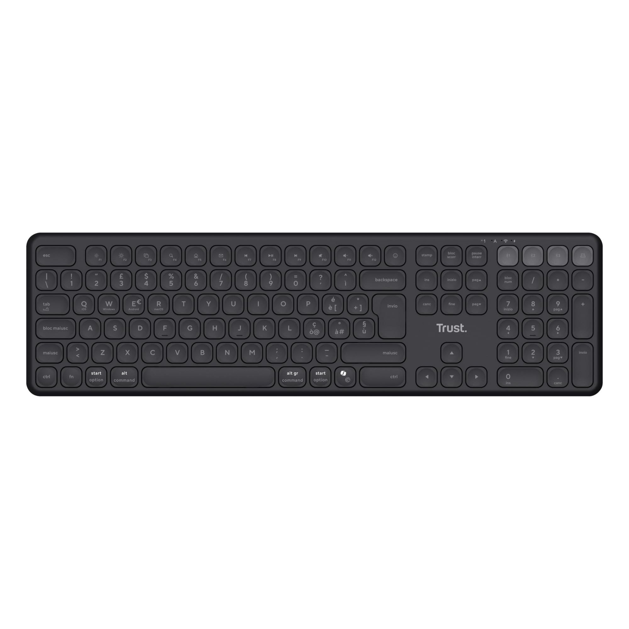 Trust Vaiya Tastiera Wireless Bluetooth + 2.4 GHz Layout Italiano QWERTY, Tastiera Senza Filo con Tastierino Numerico, Batteria Ricaricabile, 55% Plastica Riciclata, Windows iOS macOS Android, Nero - Miniatura 3
