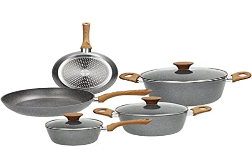 Tognana Stone&Wood, Batteria di pentole e padelle, Set con 2 padelle, 3 casseruole, 3 coperchi trasparenti, 8 Pezzi, Alluminio, Grigio - Miniatura 2