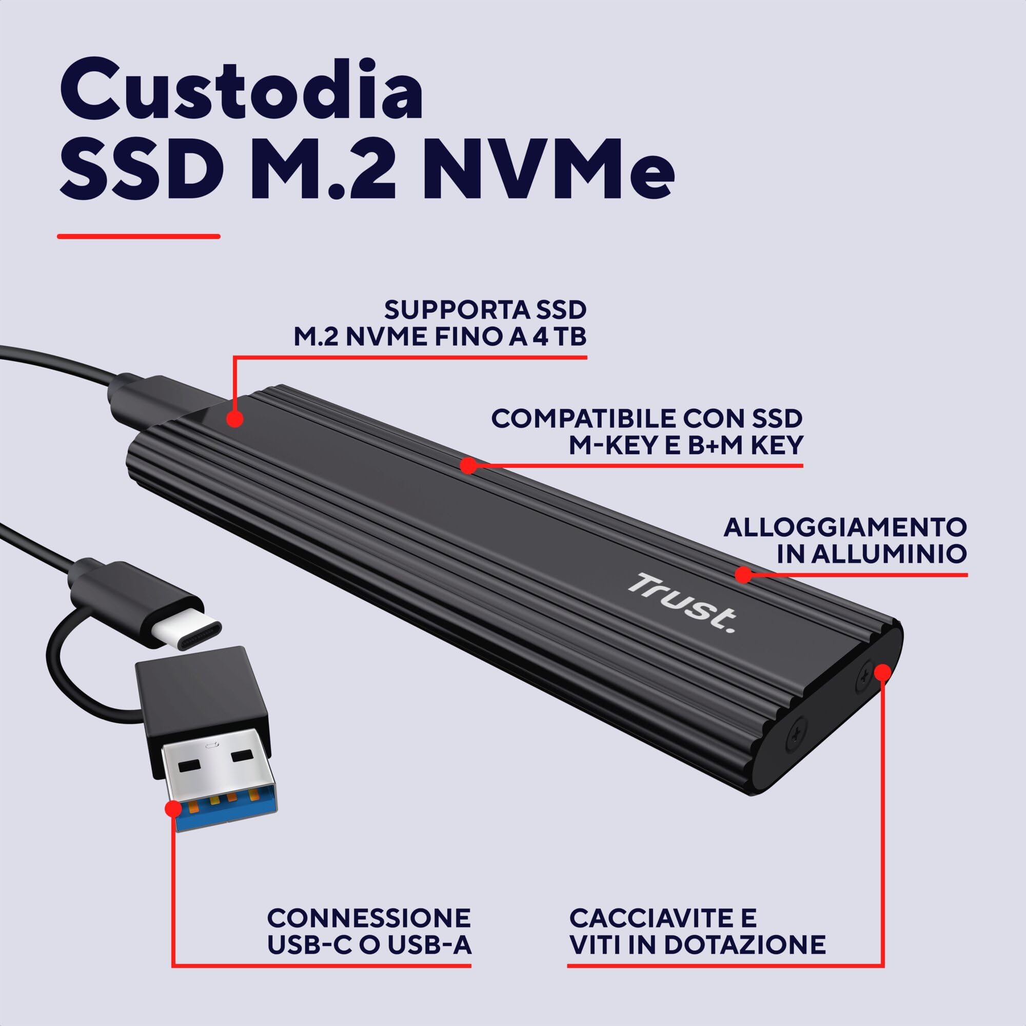 Trust Case SSD M.2 NVMe USB-C 10Gbps, Custodia Hard Disk Esterno 4TB, Compatibile con 2230 2242 2260 2280 FAT32/NTFS/EXT4/exFAT/APFS, Enclosure Portatile Adattatore SSD M2 NVMe USB M / M & B Key - Miniatura 3