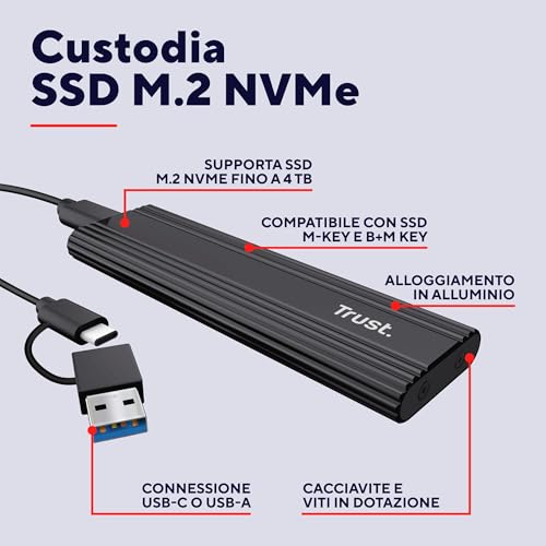 Trust Case SSD M.2 NVMe USB-C 10Gbps, Custodia Hard Disk Esterno 4TB, Compatibile con 2230 2242 2260 2280 FAT32/NTFS/EXT4/exFAT/APFS, Enclosure Portatile Adattatore SSD M2 NVMe USB M / M & B Key - Miniatura 4