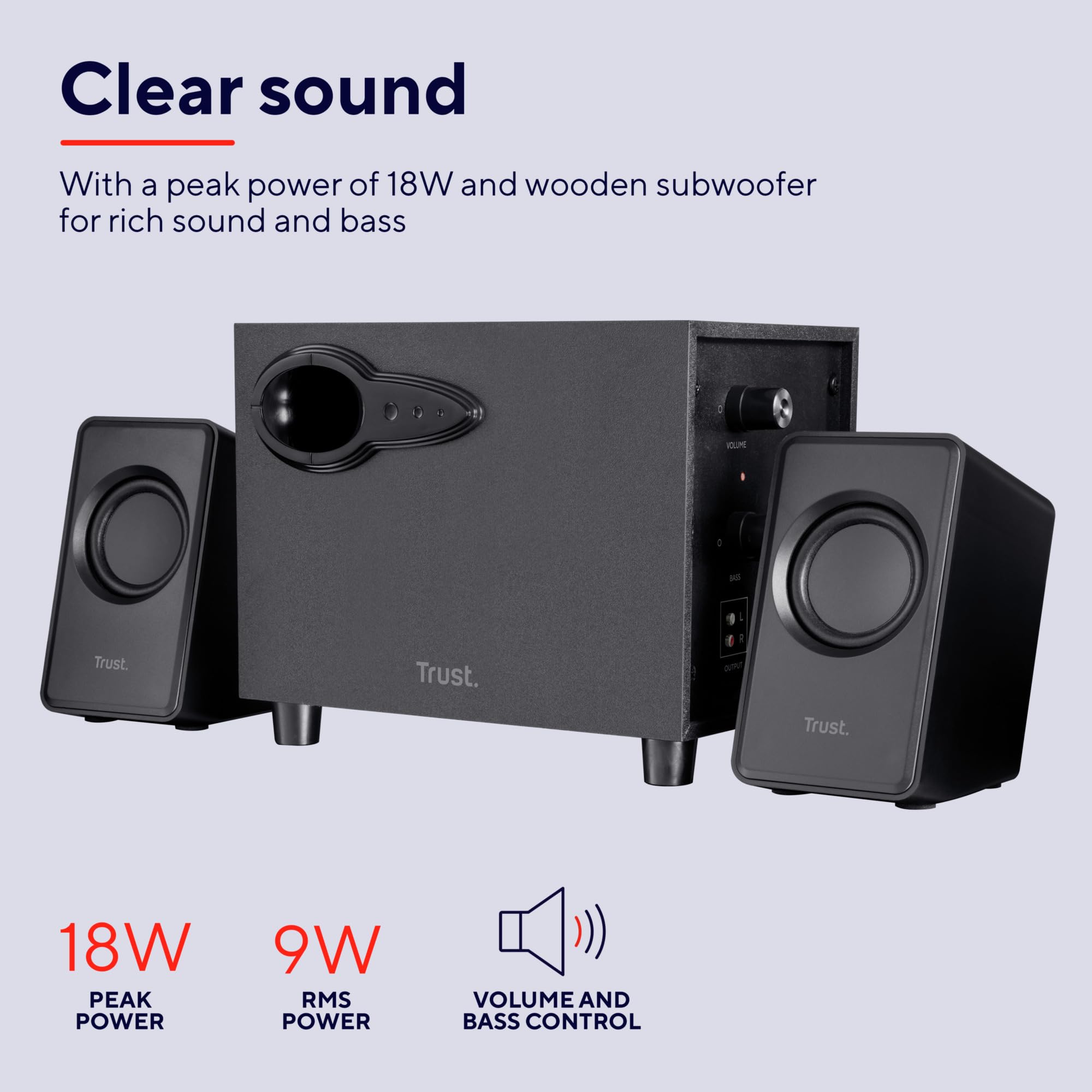 Trust Avora, 20442, Set Altoparlanti 2.1 Subwoofer, Potenza di 18W di Picco e 9W RMS, Nero - Miniatura 3