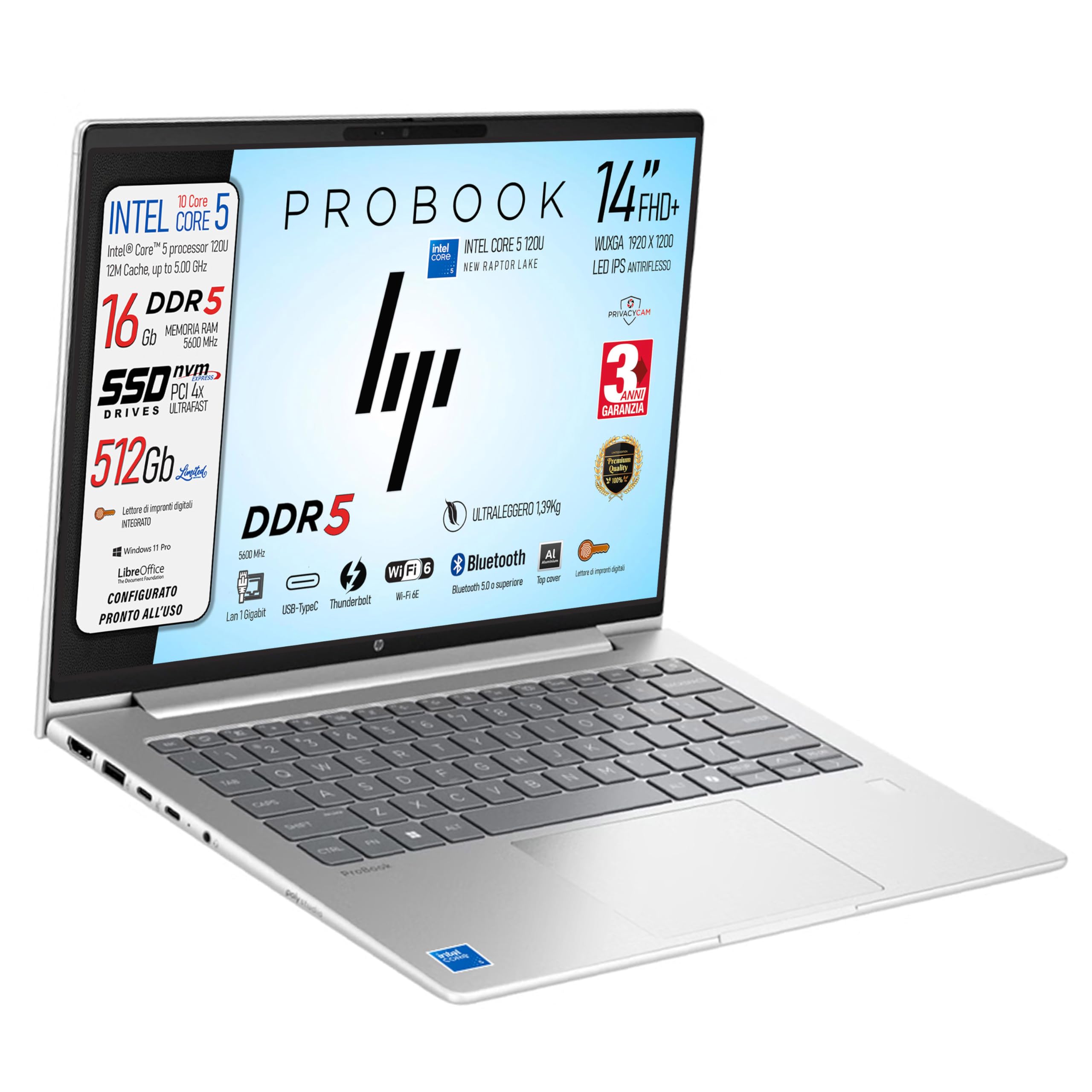 HP ProBook Notebook pc, Intel Core5 120U 10Core 5.00 GHz, SSD 512Gb, Ram DDR5 16Gb, Display 14" IPS FHD+ WUXGA, USB Type-C, Lan, Fingerprint, pronto all'uso - Miniatura 2