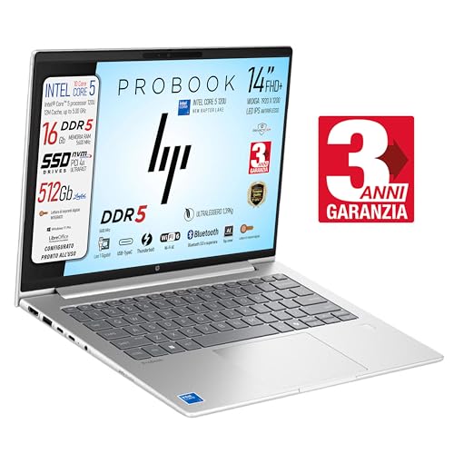 HP ProBook Notebook pc, Intel Core5 120U 10Core 5.00 GHz, SSD 512Gb, Ram DDR5 16Gb, Display 14" IPS FHD+ WUXGA, USB Type-C, Lan, Fingerprint, pronto all'uso - Miniatura 3