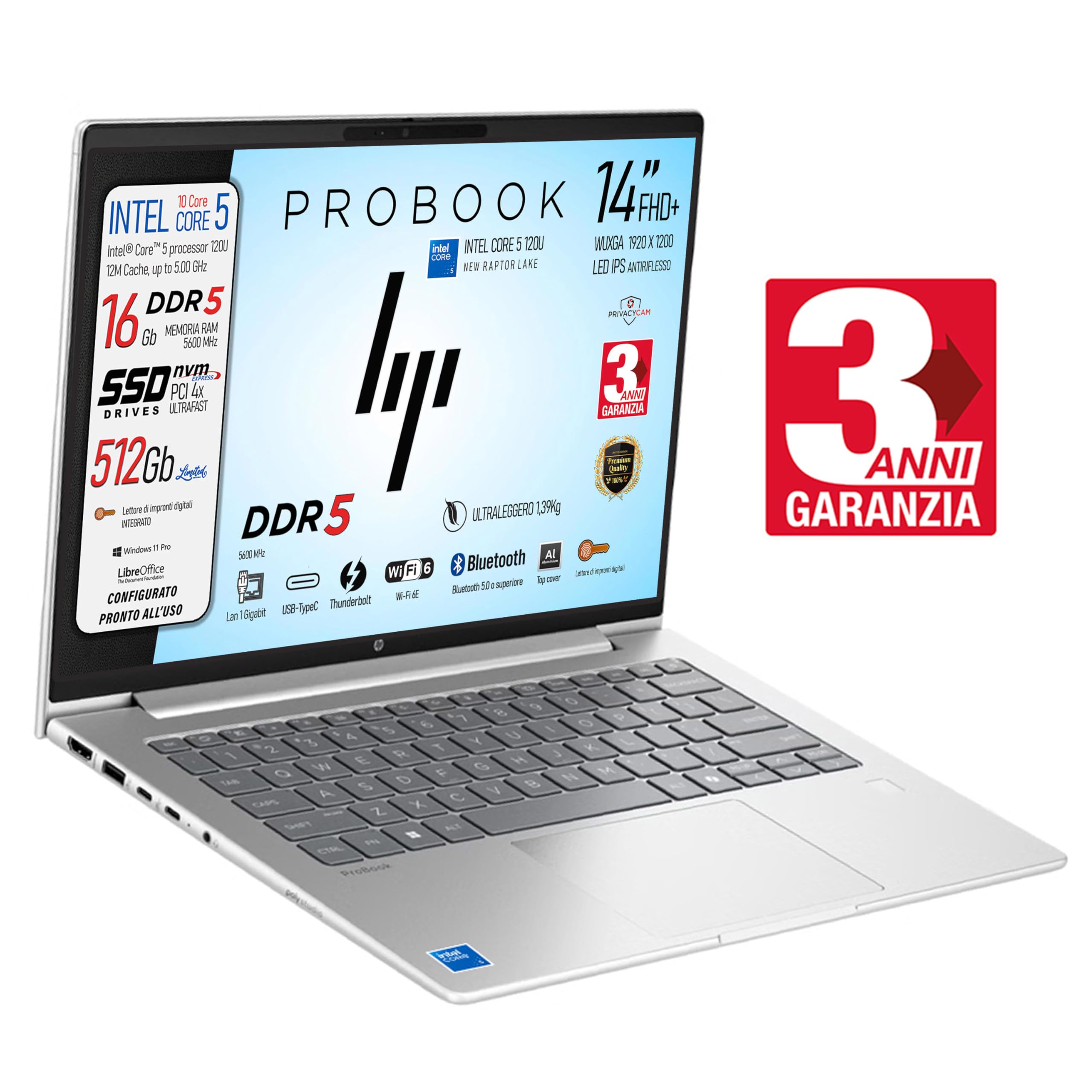 HP ProBook Notebook pc, Intel Core5 120U 10Core 5.00 GHz, SSD 512Gb, Ram DDR5 16Gb, Display 14" IPS FHD+ WUXGA, USB Type-C, Lan, Fingerprint, pronto all'uso - Miniatura 4