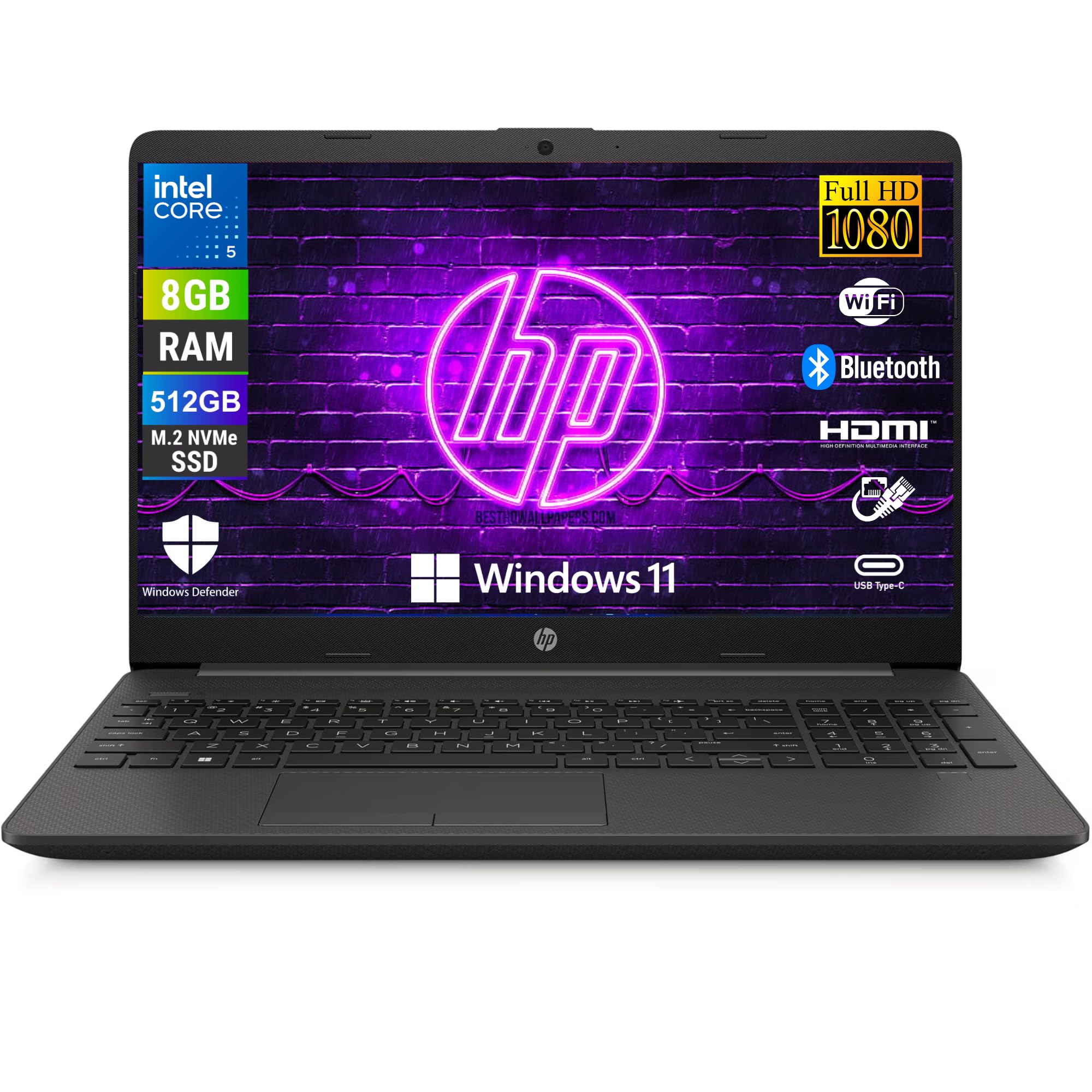 HP 250R G9, Computer Portatile Notebook, Intel 5-120u 10 Core 1.4Ghz, Display 15.6'' FHD, Ram 8GB, SSD 512GB, Windows 11, Pronto all'uso con Libre Office