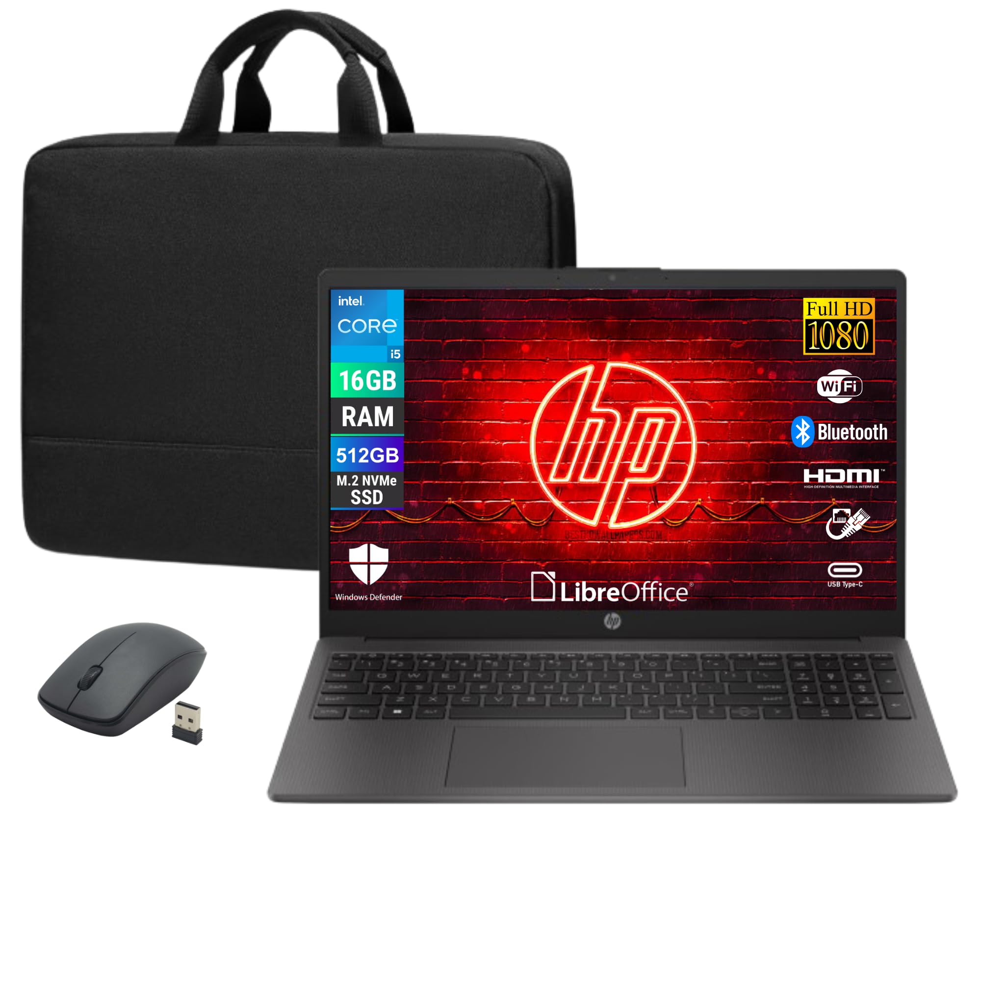 HP 250R G9, Computer Portatile Notebook, Intel 5-120u 10 Core 1.4Ghz, Display 15.6'' FHD, Ram 16GB, SSD 512GB, Windows 11, Pronto all'uso con Libre Office + Borsa e Mouse