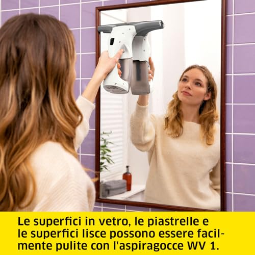 Kärcher Lavavetri Aspiragocce WV 1 Plus per la Pulizia di Vetri,VERSIONE BIANCA, Specchi, Piastrelle, Doccia, Piani a Induzione, Peso: 0,5 kg, Flacone Spray e Panno Microfibra, Detergente 20 ml - Miniatura 4