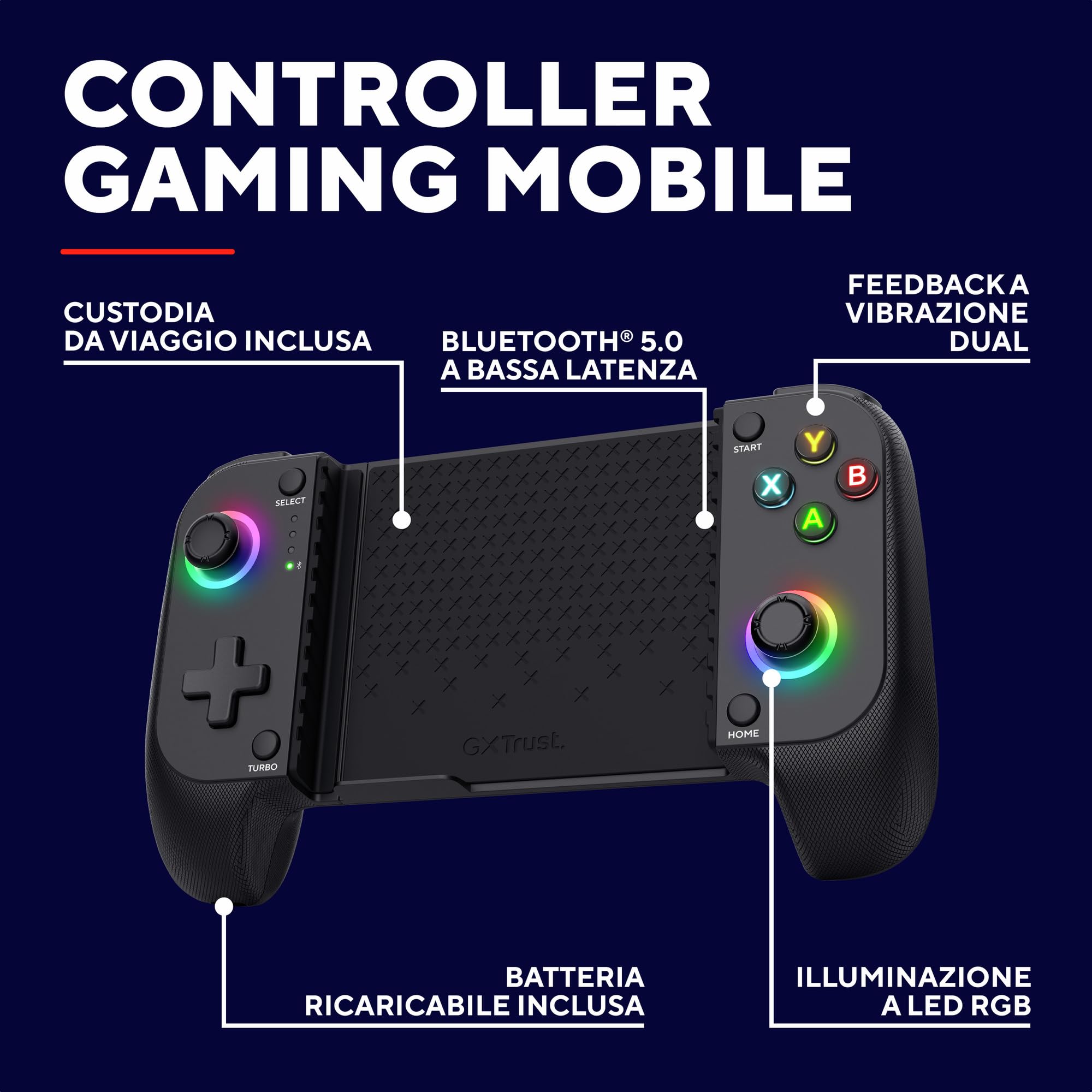 Trust GXT 735 Mylox Controller per Telefono Bluetooth, Controller Iphone / Android / PS5 / Xbox con 12h di Autonomia, Doppia Vibrazione, RGB a LED, Gamepad Wireless per Accessori Smartphone, Nero - Miniatura 3