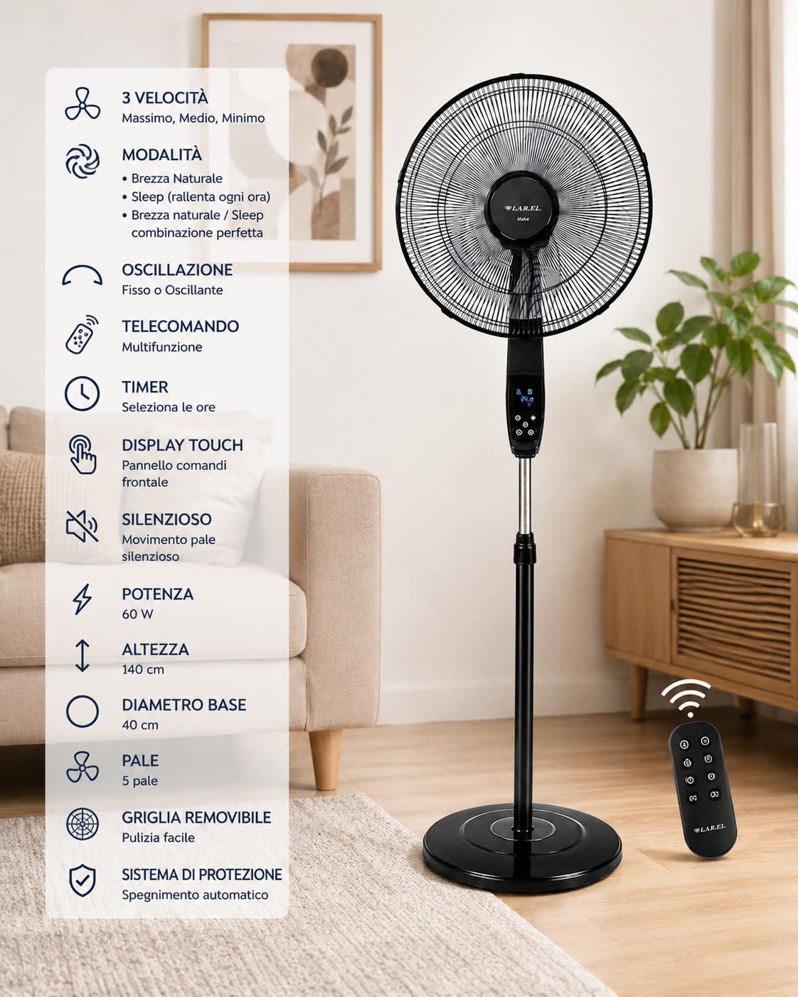 Lar.el Ventilatore a Piantana con Telecomando MOD. MADDY, 60W, 5 Pale, 3 Velocità, Timer Programmabile, Console Touch Screen, Oscillante, Altezza 140 cm, Colore Nero - Miniatura 3