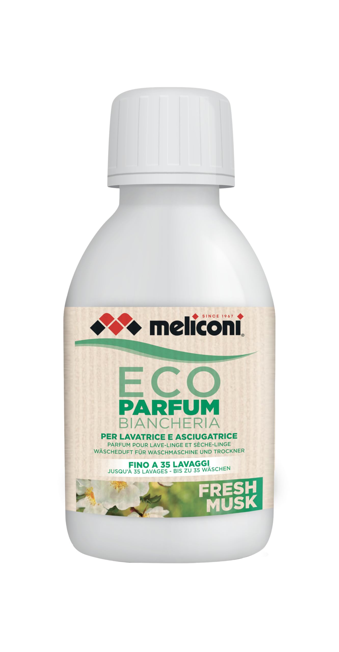 Meliconi Eco Parfum Fresh Musk, Profumatore per Bucato Intenso e Duraturo, Tensioattivi Biodegradabili, Dermatologicamente Testato, Senza Coloranti, Impatto Ambientale Ridotto