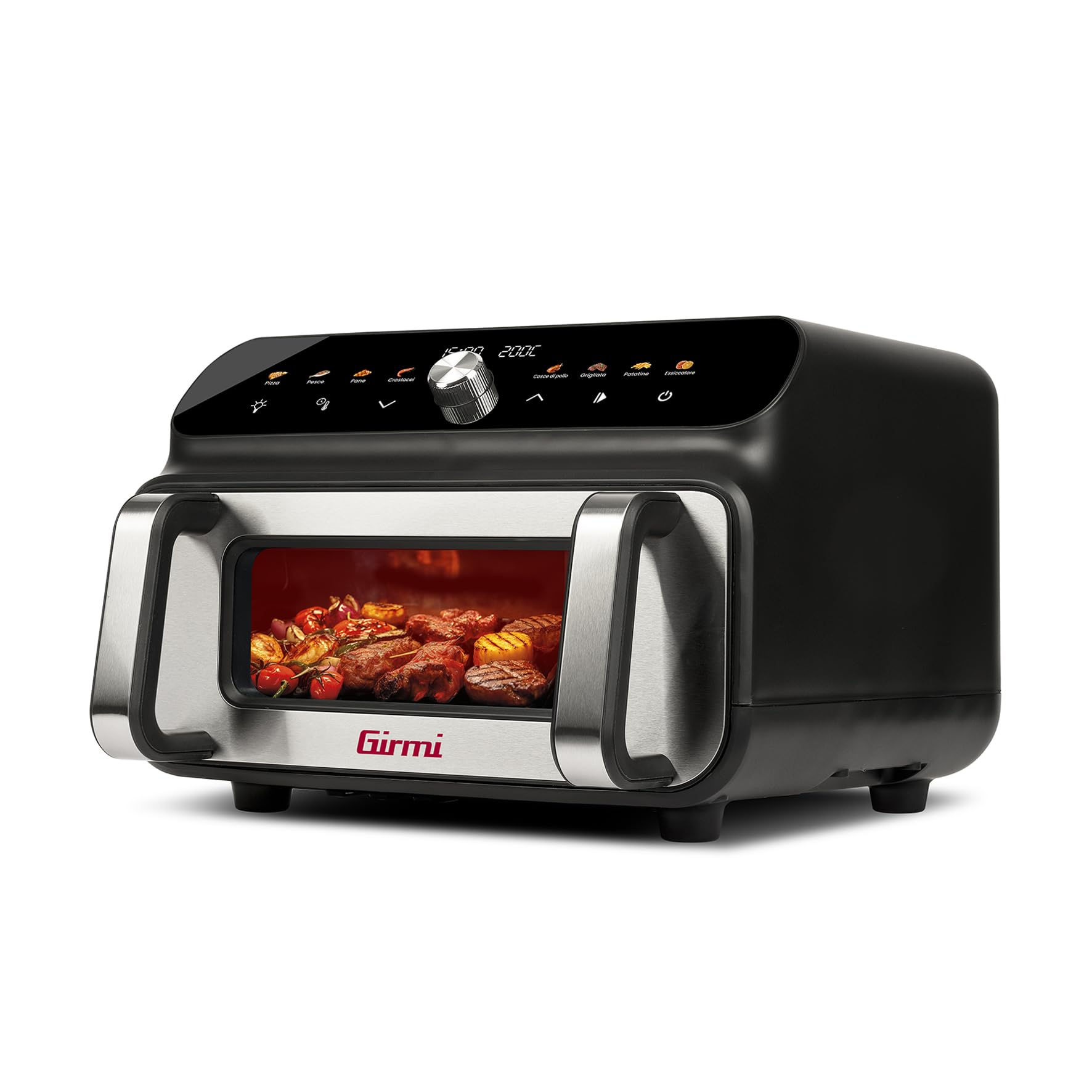 Girmi FG77 Ecofrit Grill Friggitrice e Griglia ad aria, 10 Litri, 2000 W, Funzione Barbecue Smokeless, Doppia resistenza, 50-230°C, Display digitale, Accessori antiaderenti, Nero/Acciaio - Immagine 1