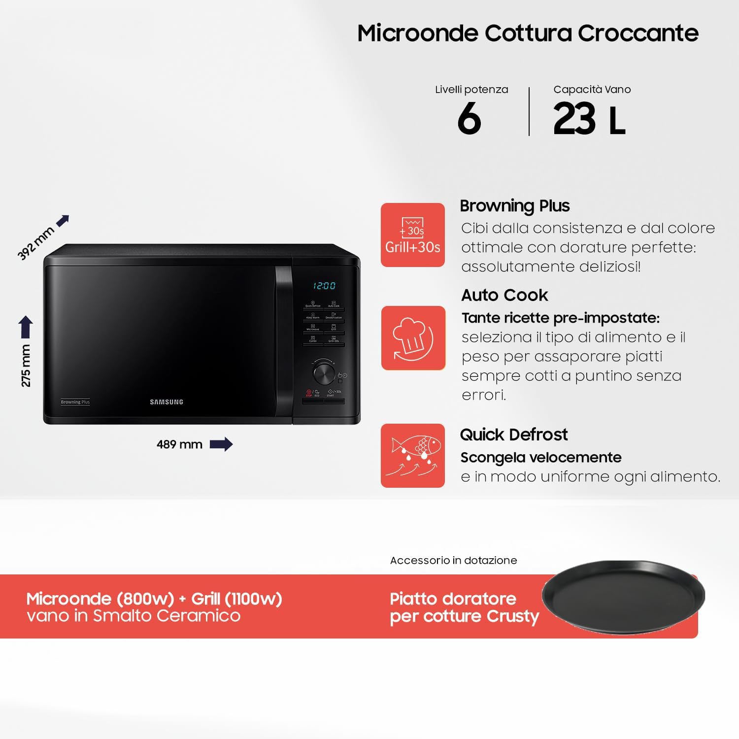 Samsung Forno a Microonde Grill Advanced, MG23K3515CK/ET, Cottura Croccante, AutoCook, Microonde + Grill 800 W + 1100 W, 23 L, 49l x 27,5h x 39p cm, Nero - Miniatura 2