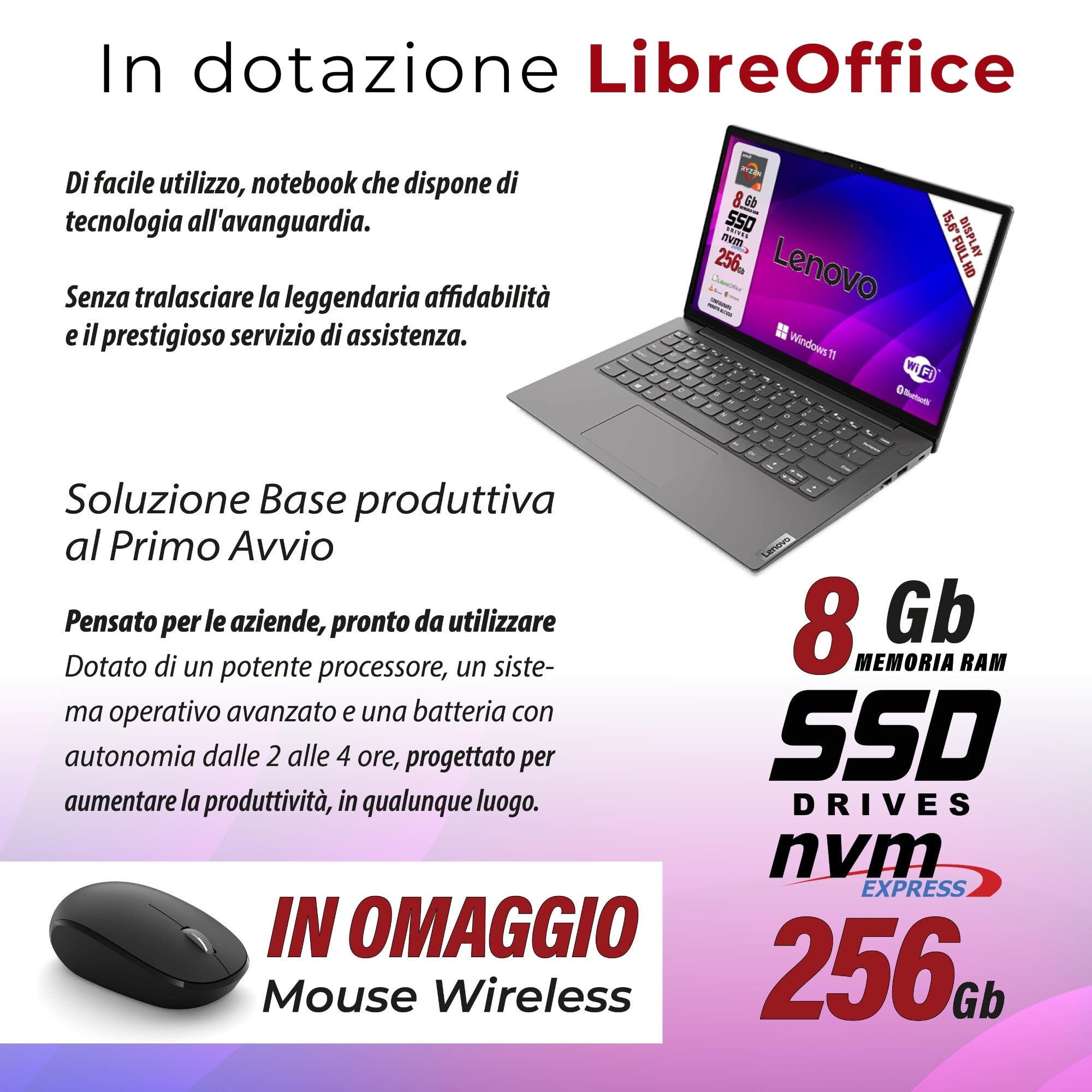 Lenovo, pc portatile notebook, Amd Ryzen 3 7Th, RAM 8Gb, SSD 256Gb, Display 15.6" FHD, Web cam, 3 usb, Wi-fi, hdmi, Win11 Pro, Libre Office, preconfigurato e pronto all'uso + mouse wireless - Miniatura 2