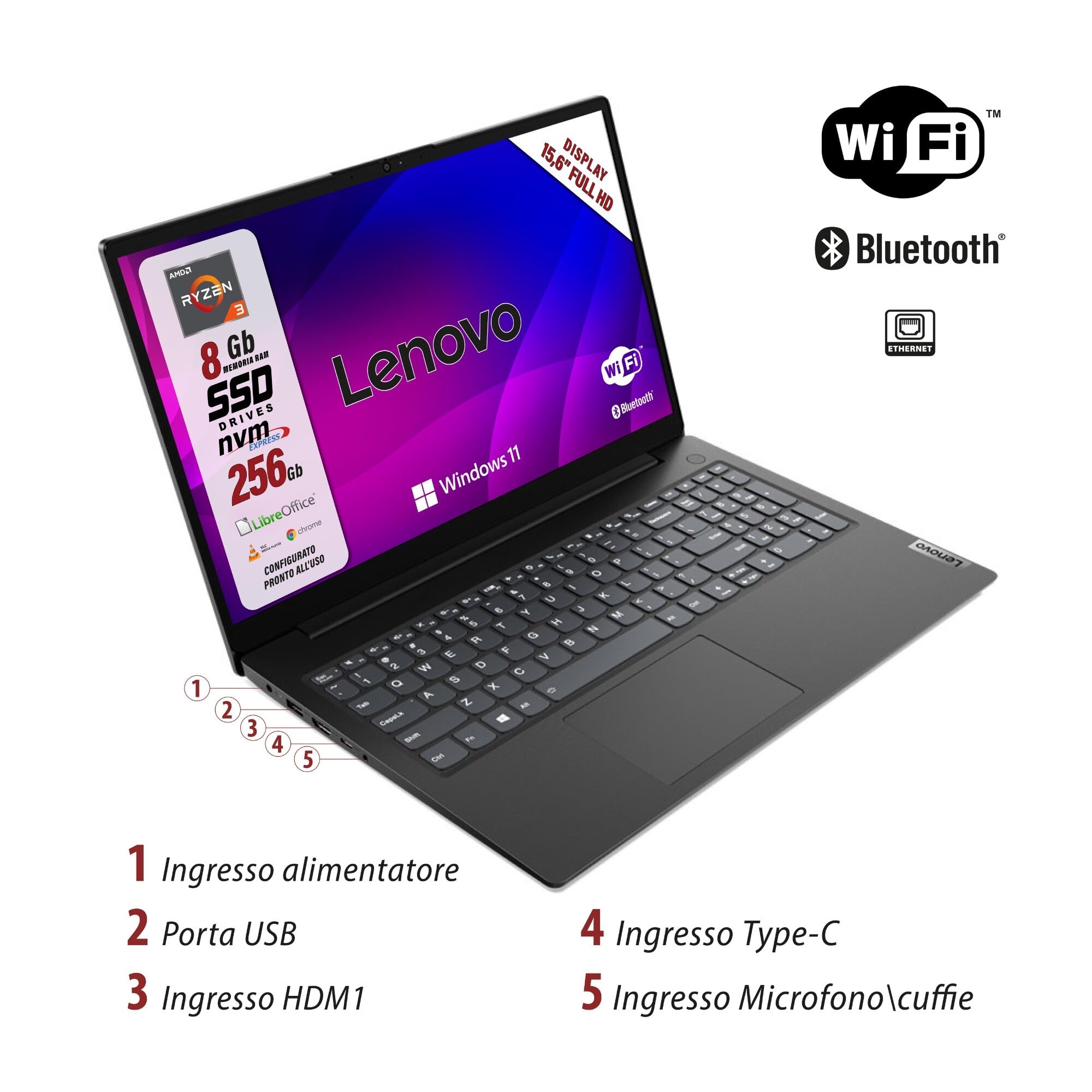 Lenovo, pc portatile notebook, Amd Ryzen 3 7Th, RAM 8Gb, SSD 256Gb, Display 15.6" FHD, Web cam, 3 usb, Wi-fi, hdmi, Win11 Pro, Libre Office, preconfigurato e pronto all'uso + mouse wireless - Miniatura 3